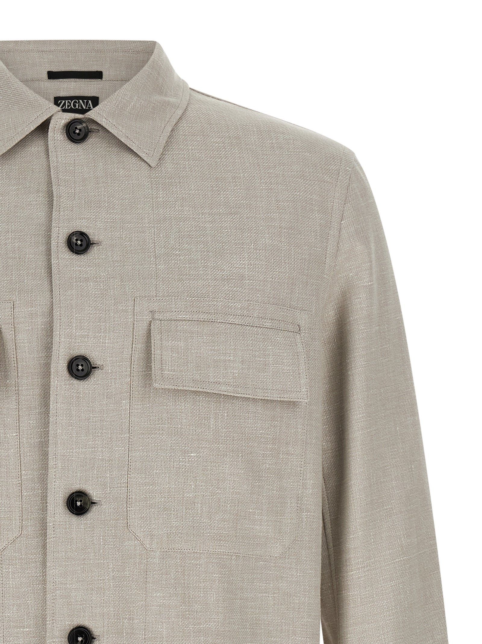 ZEGNA Gray Linen Men's Blouse - ZEGNA - Modalova
