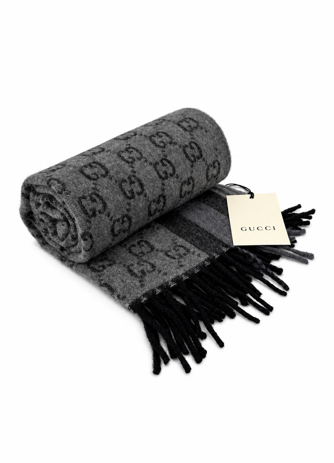 Monogram Grey Wool Scarf with Fringe - Gucci - Modalova