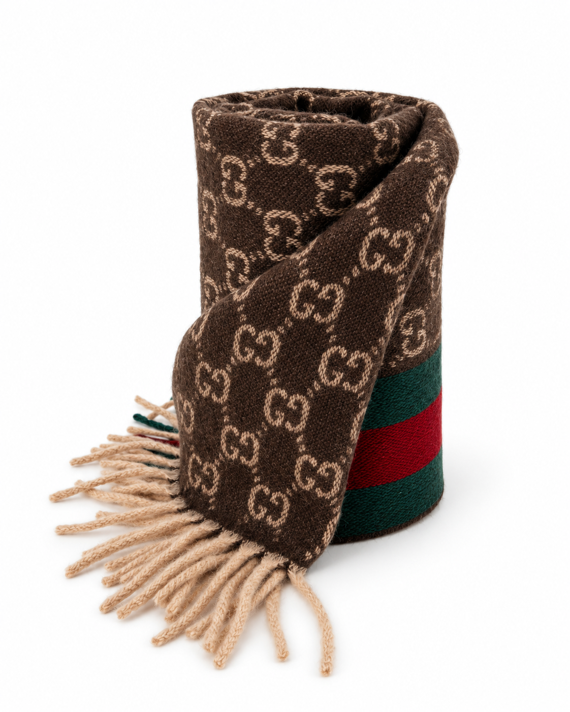 Monogram Brown Cashmere & Wool Scarf with Green & Red Web Stripe - Gucci - Modalova