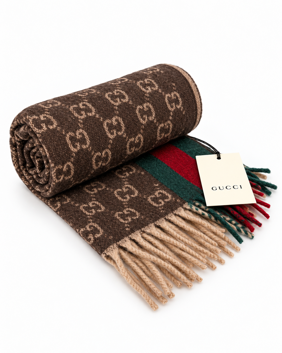 Monogram Brown Cashmere & Wool Scarf with Green & Red Web Stripe - Gucci - Modalova