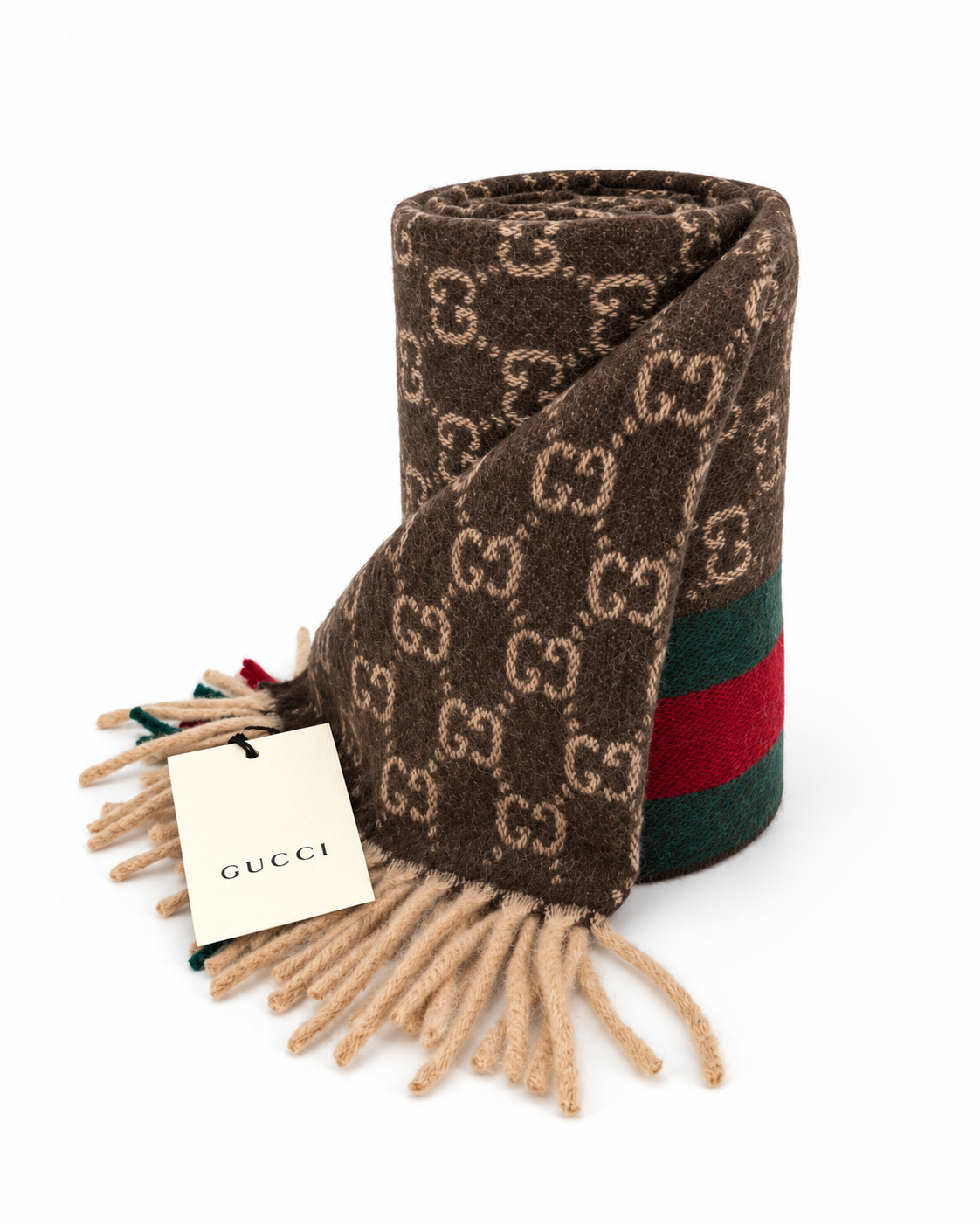Monogram Brown Cashmere & Wool Scarf with Green & Red Web Stripe - Gucci - Modalova