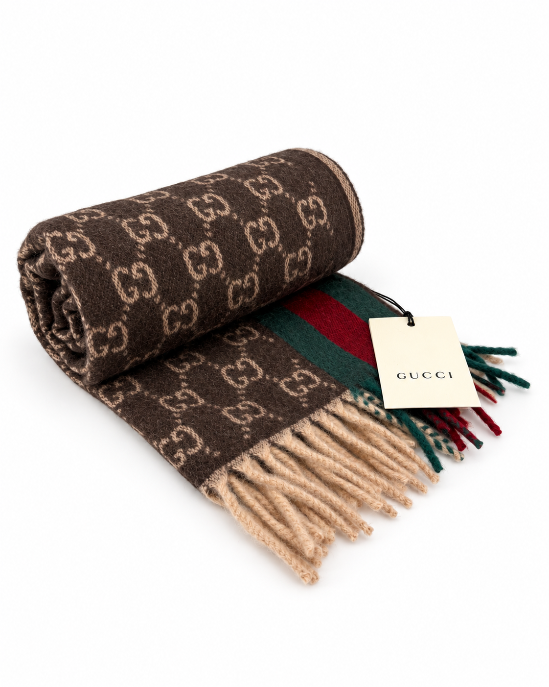 Monogram Brown Cashmere & Wool Scarf with Green & Red Web Stripe - Gucci - Modalova