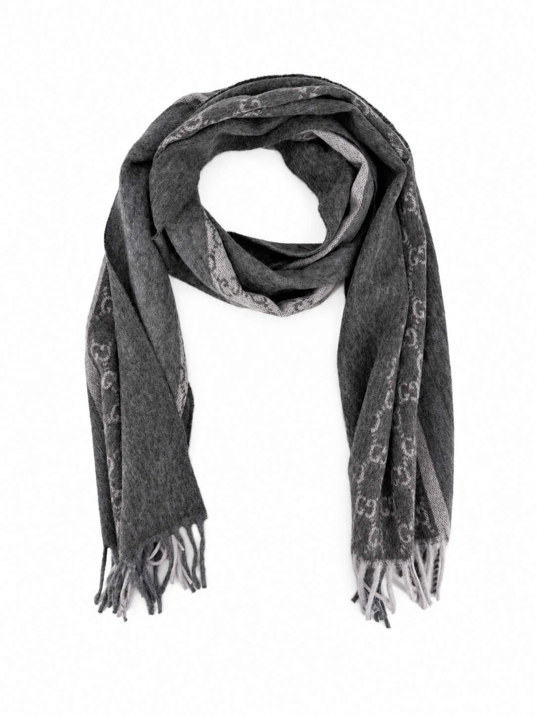 Monogram Charcoal Grey Cashmere & Wool Scarf with Fringe - Gucci - Modalova