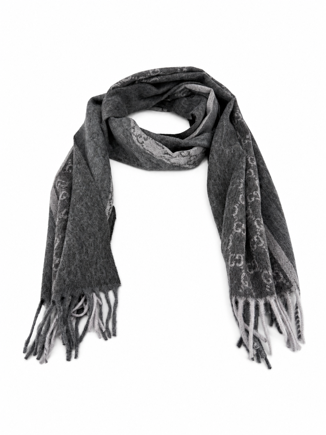 Monogram Charcoal Grey Cashmere & Wool Scarf with Fringe - Gucci - Modalova