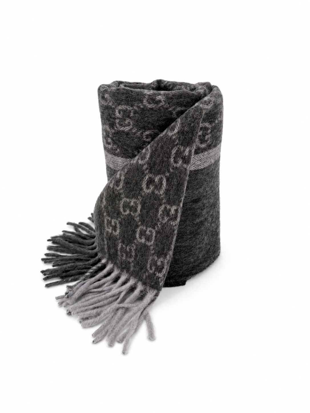 Monogram Charcoal Grey Cashmere & Wool Scarf with Fringe - Gucci - Modalova