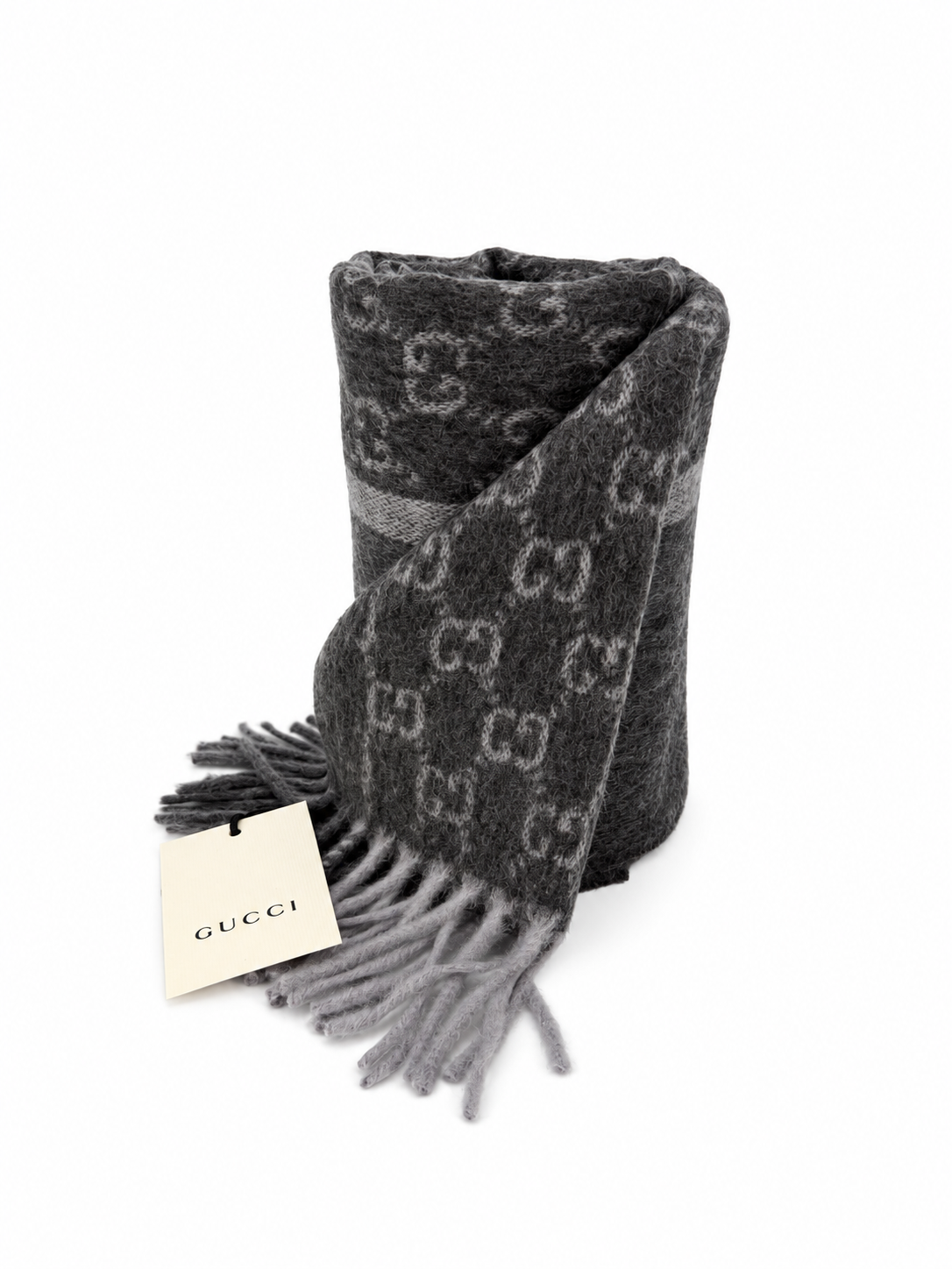 Monogram Charcoal Grey Cashmere & Wool Scarf with Fringe - Gucci - Modalova