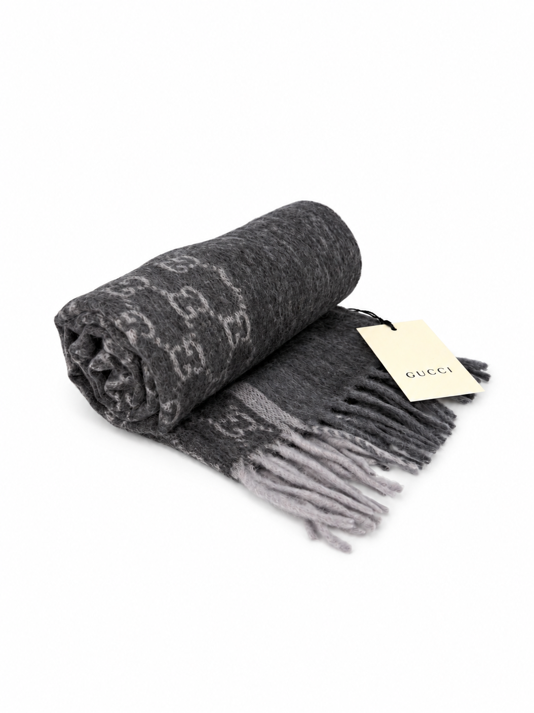 Monogram Charcoal Grey Cashmere & Wool Scarf with Fringe - Gucci - Modalova