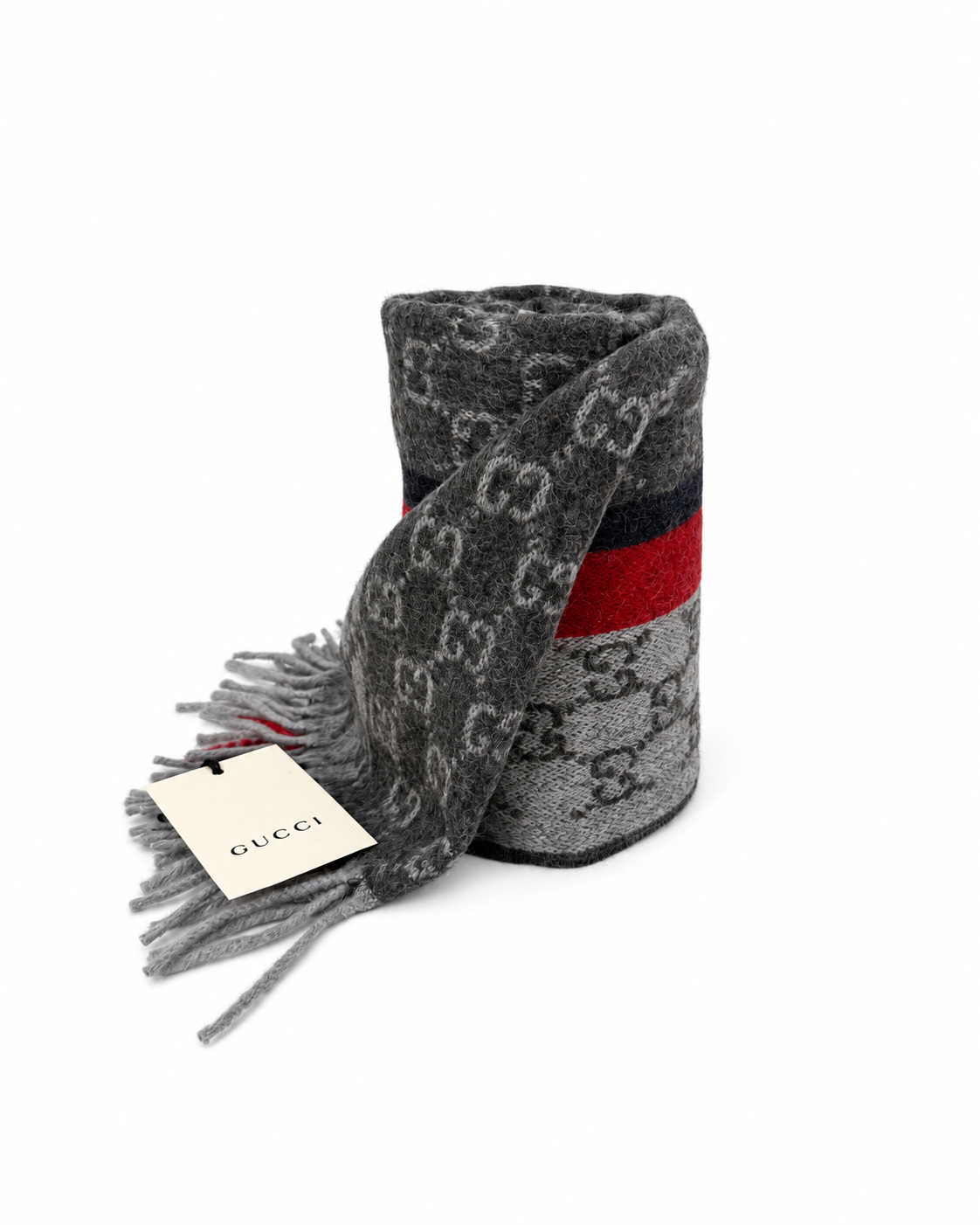 Monogram Grey Cashmere & Wool Scarf with Red & Black Stripe - Gucci - Modalova
