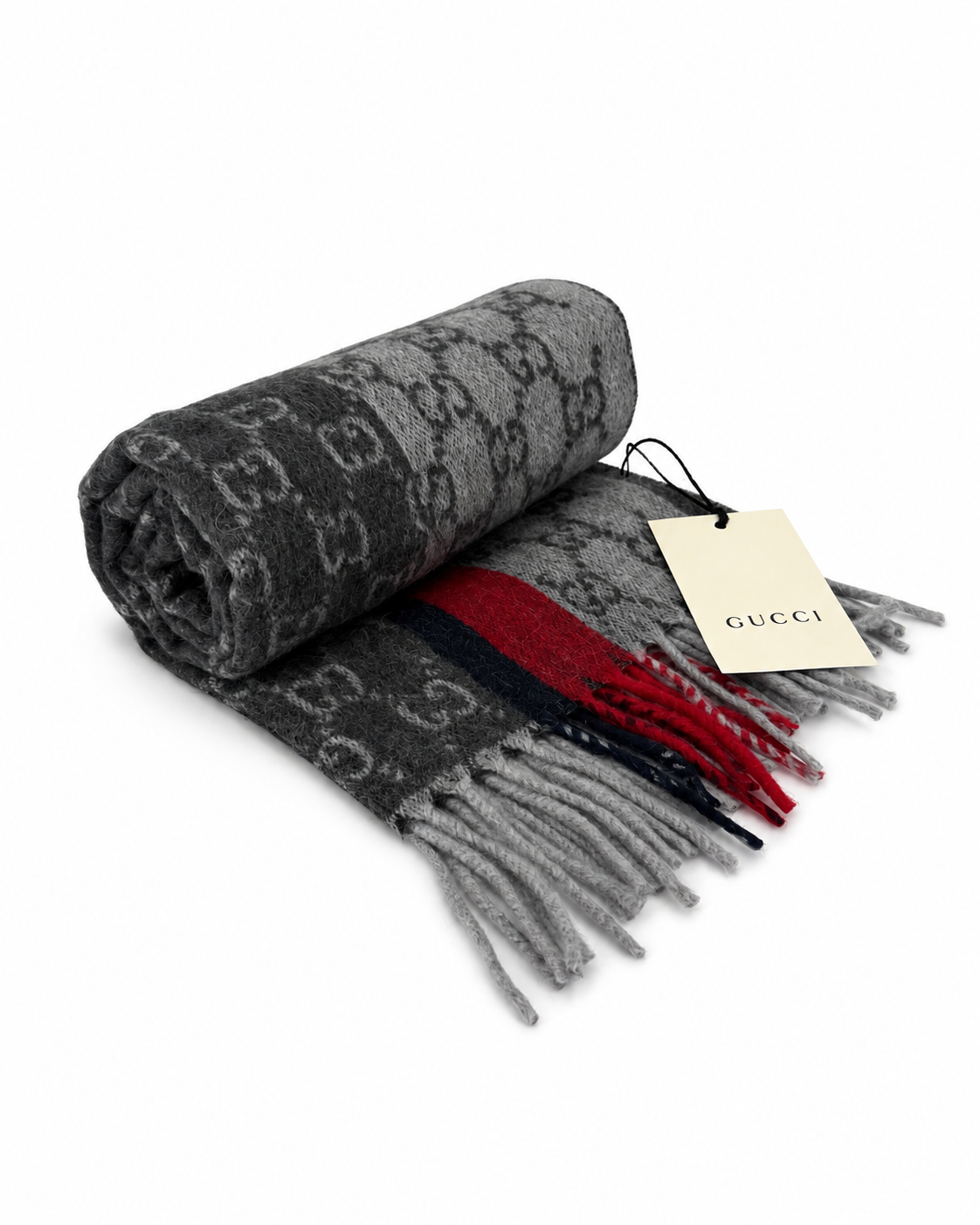 Monogram Grey Cashmere & Wool Scarf with Red & Black Stripe - Gucci - Modalova