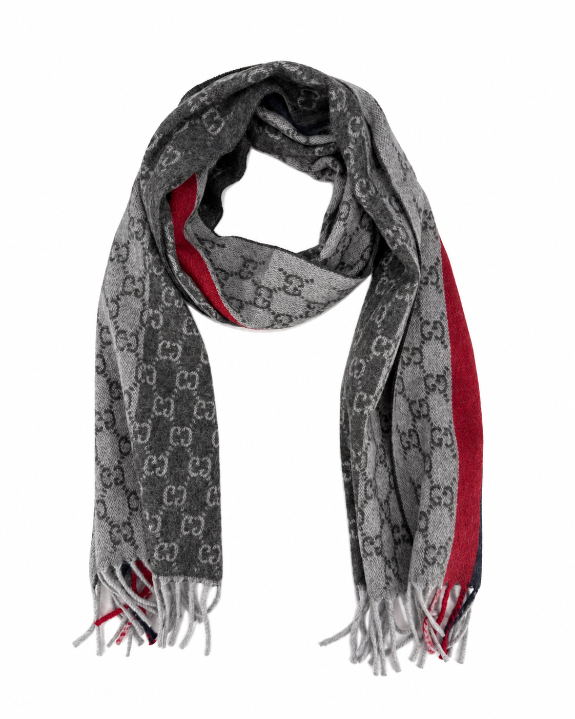Monogram Grey Cashmere & Wool Scarf with Red & Black Stripe - Gucci - Modalova