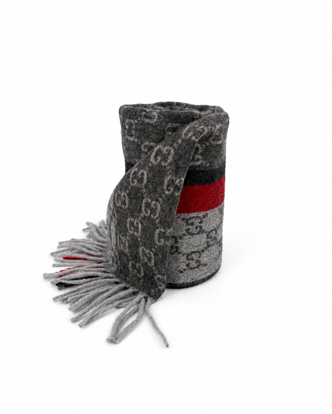 Monogram Grey Cashmere & Wool Scarf with Red & Black Stripe - Gucci - Modalova