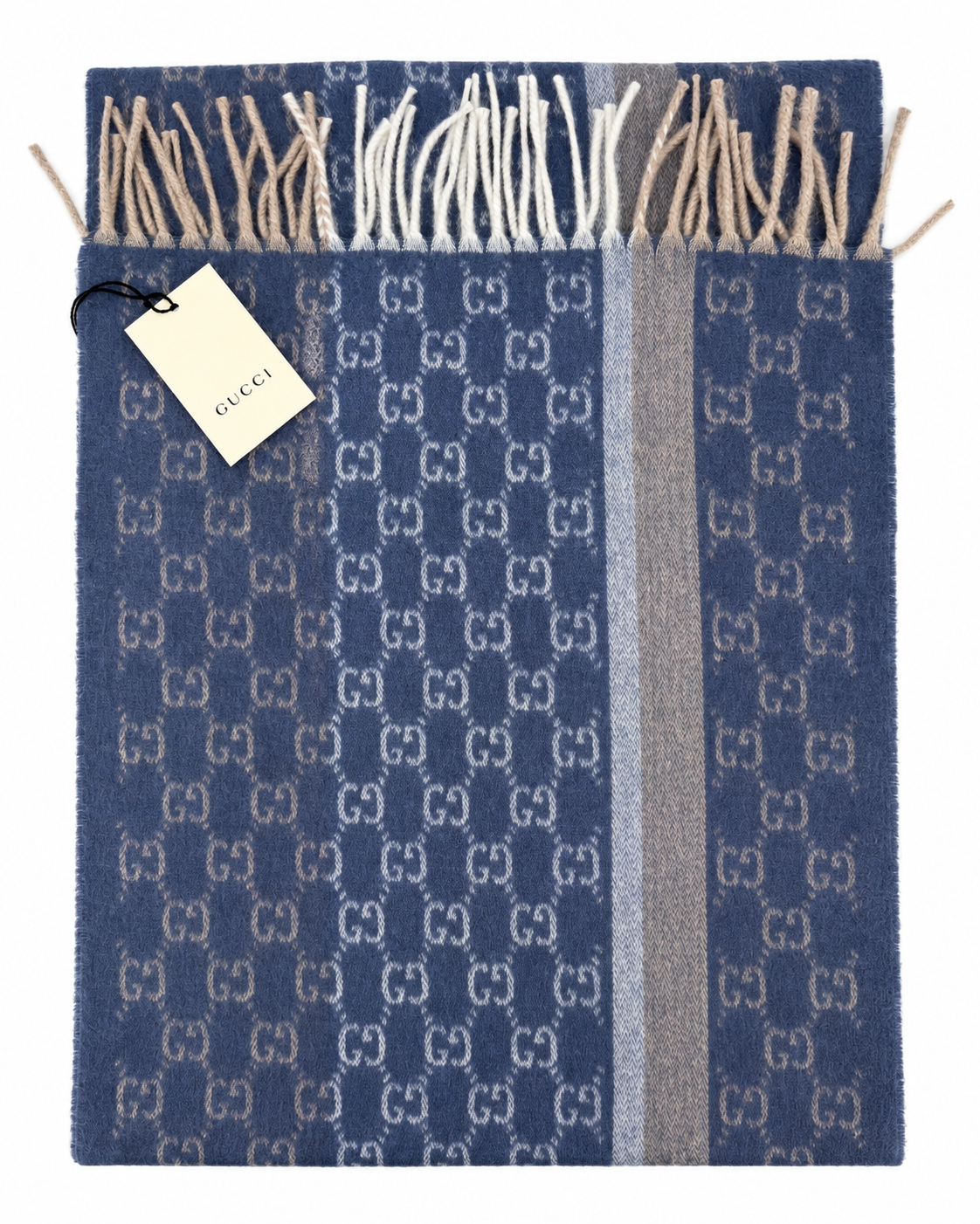 Monogram Blue Cashmere & Wool Scarf with Beige & Cream Fringe - Gucci - Modalova