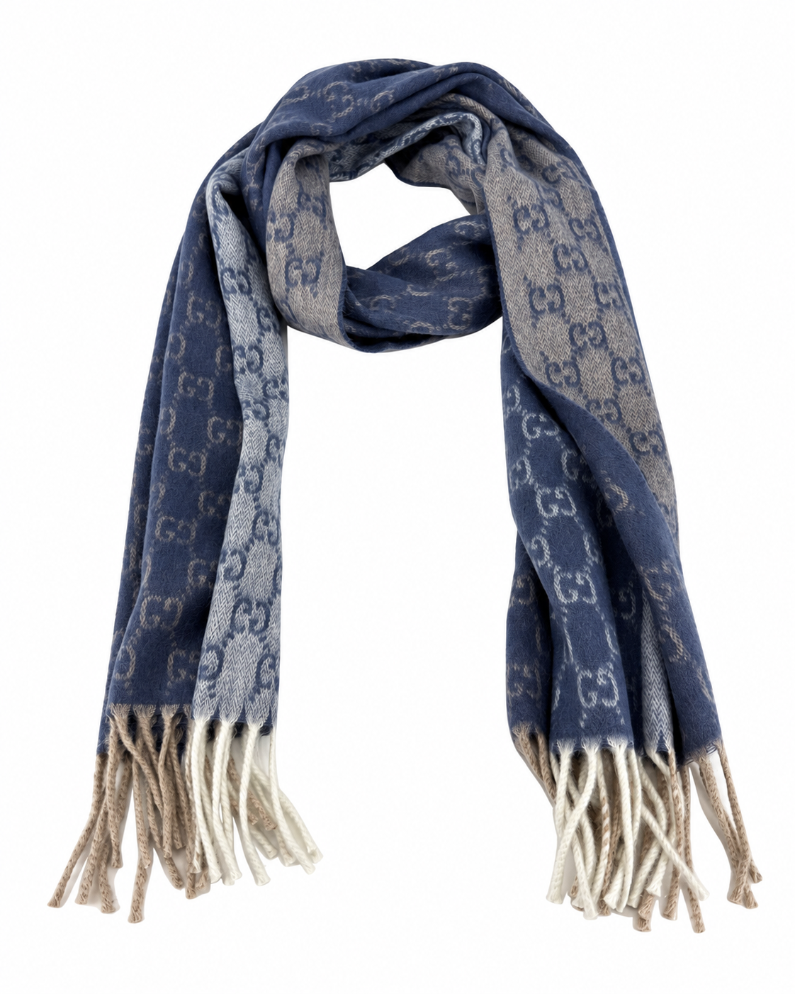 Monogram Blue Cashmere & Wool Scarf with Beige & Cream Fringe - Gucci - Modalova