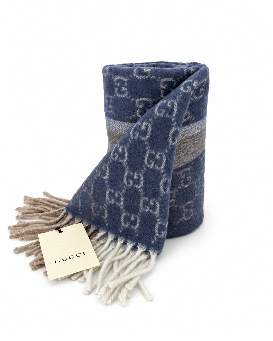 Monogram Blue Cashmere & Wool Scarf with Beige & Cream Fringe - Gucci - Modalova