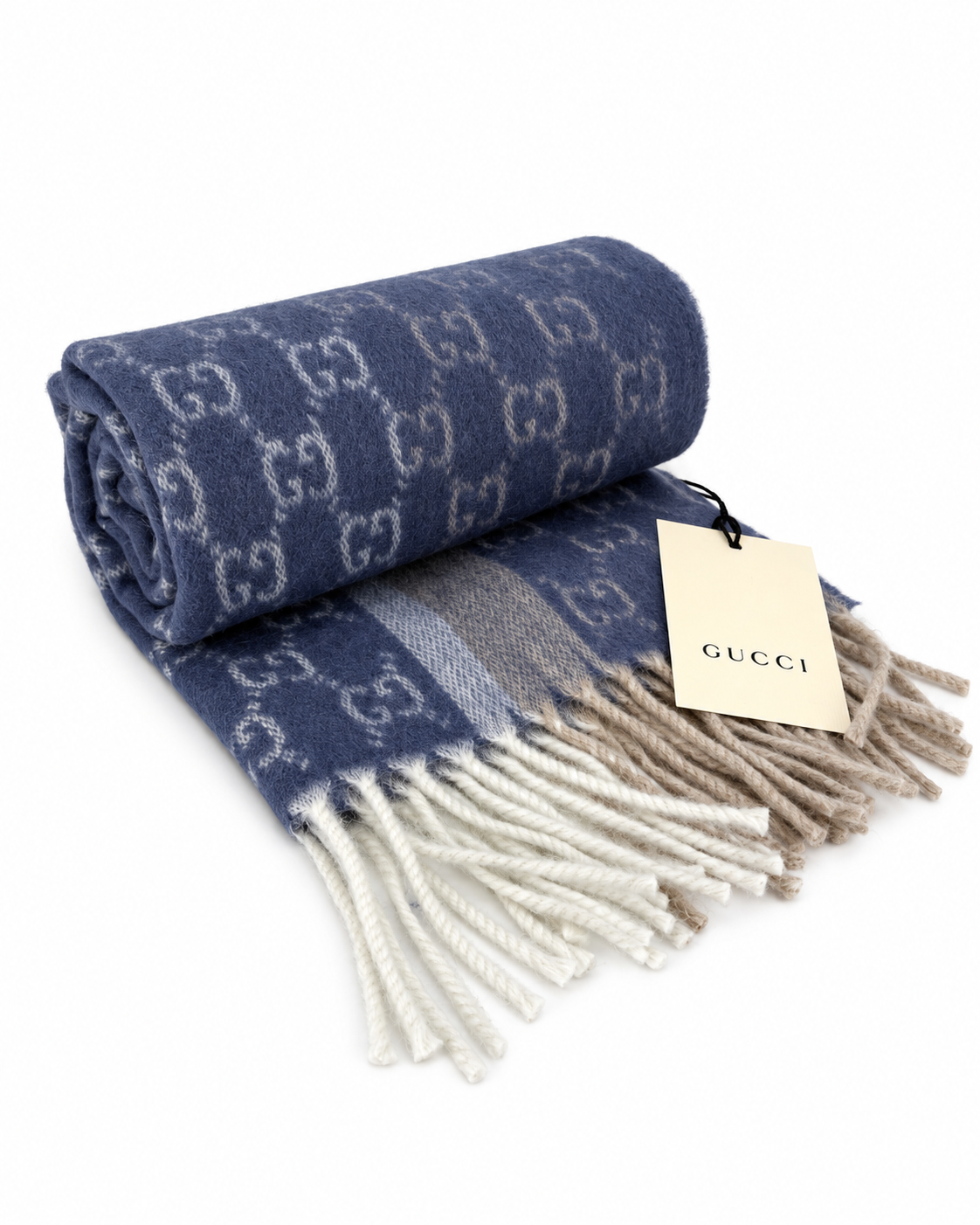 Monogram Blue Cashmere & Wool Scarf with Beige & Cream Fringe - Gucci - Modalova