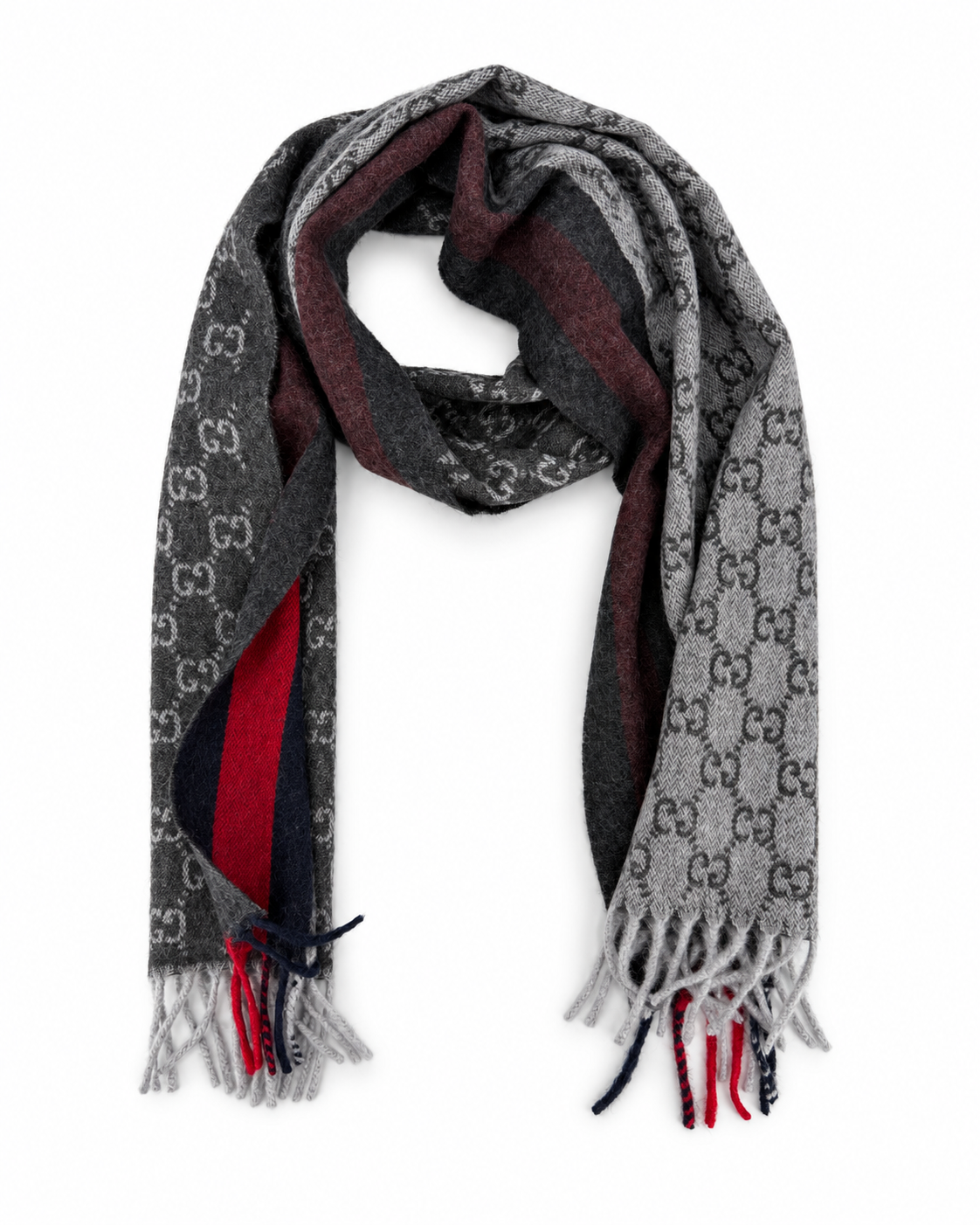 Monogram Charcoal Grey Cashmere & Wool Scarf with Red & Navy Stripe - Gucci - Modalova