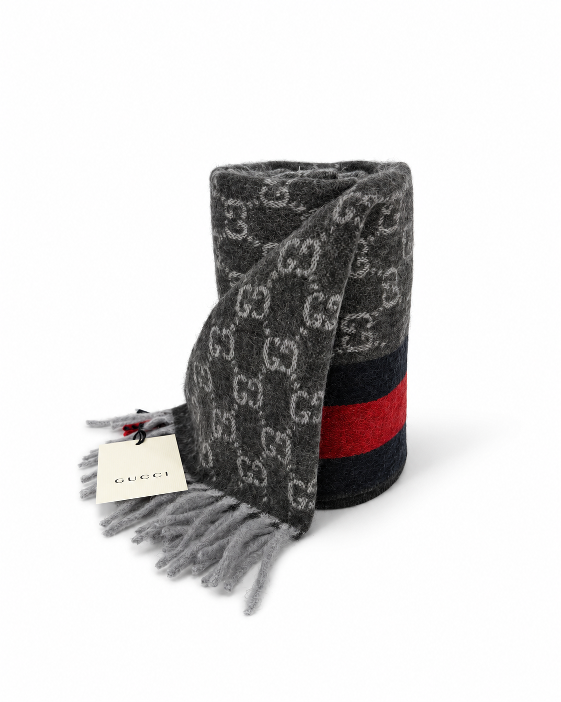 Monogram Charcoal Grey Cashmere & Wool Scarf with Red & Navy Stripe - Gucci - Modalova