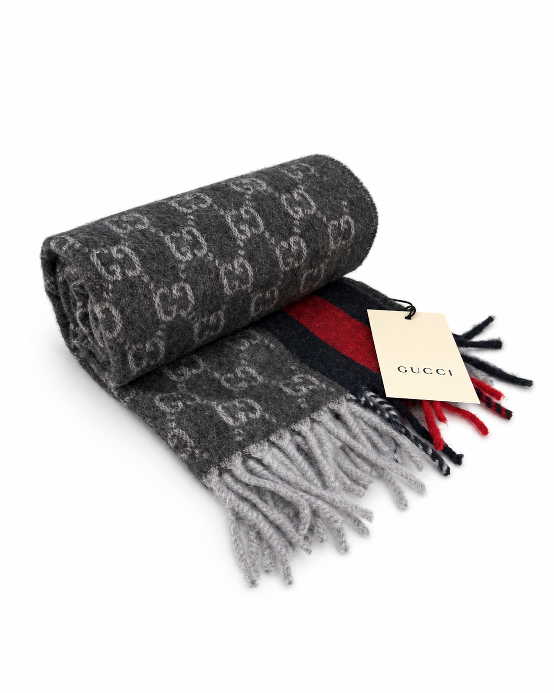 Monogram Charcoal Grey Cashmere & Wool Scarf with Red & Navy Stripe - Gucci - Modalova