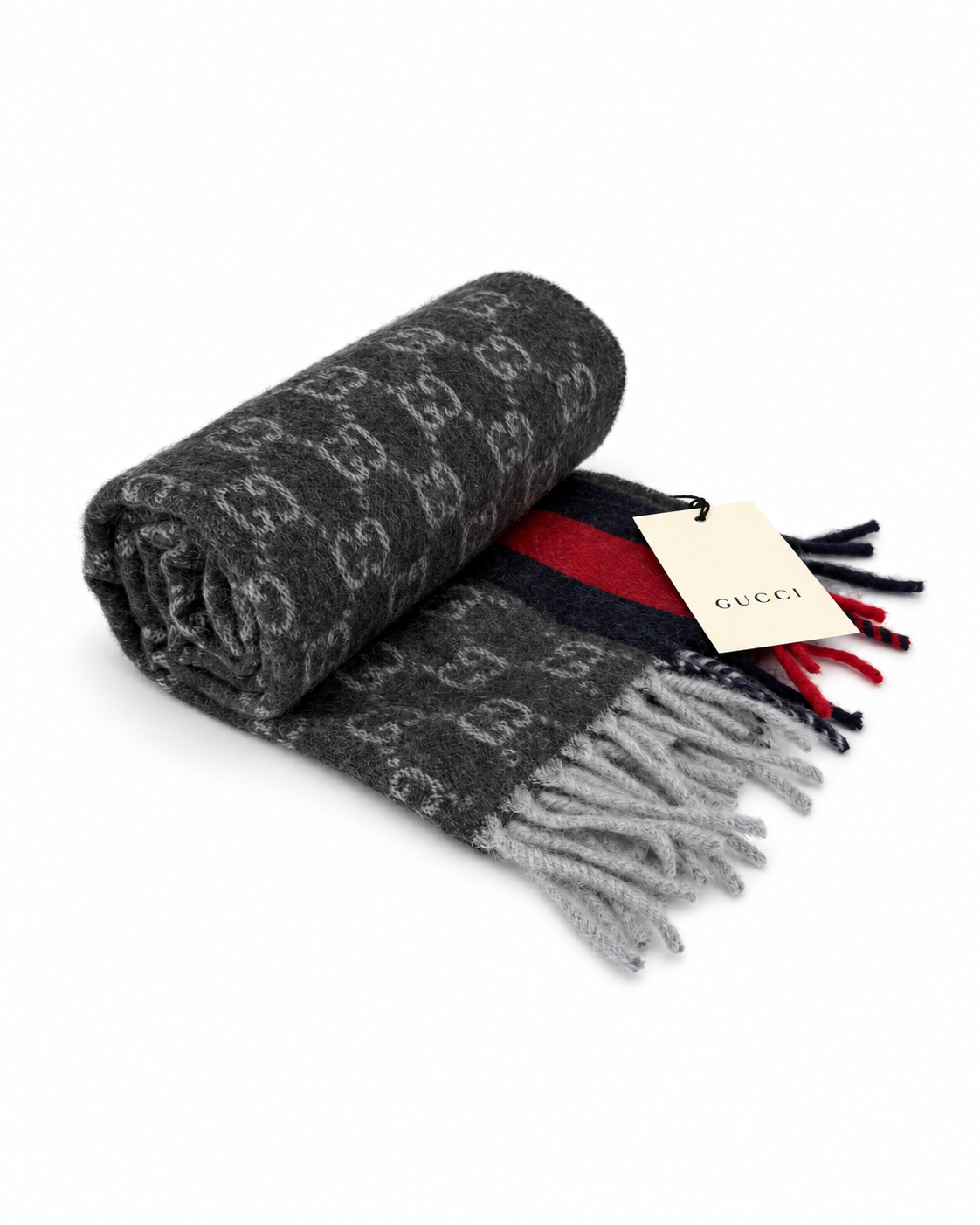 Monogram Charcoal Grey Cashmere & Wool Scarf with Red & Navy Stripe - Gucci - Modalova