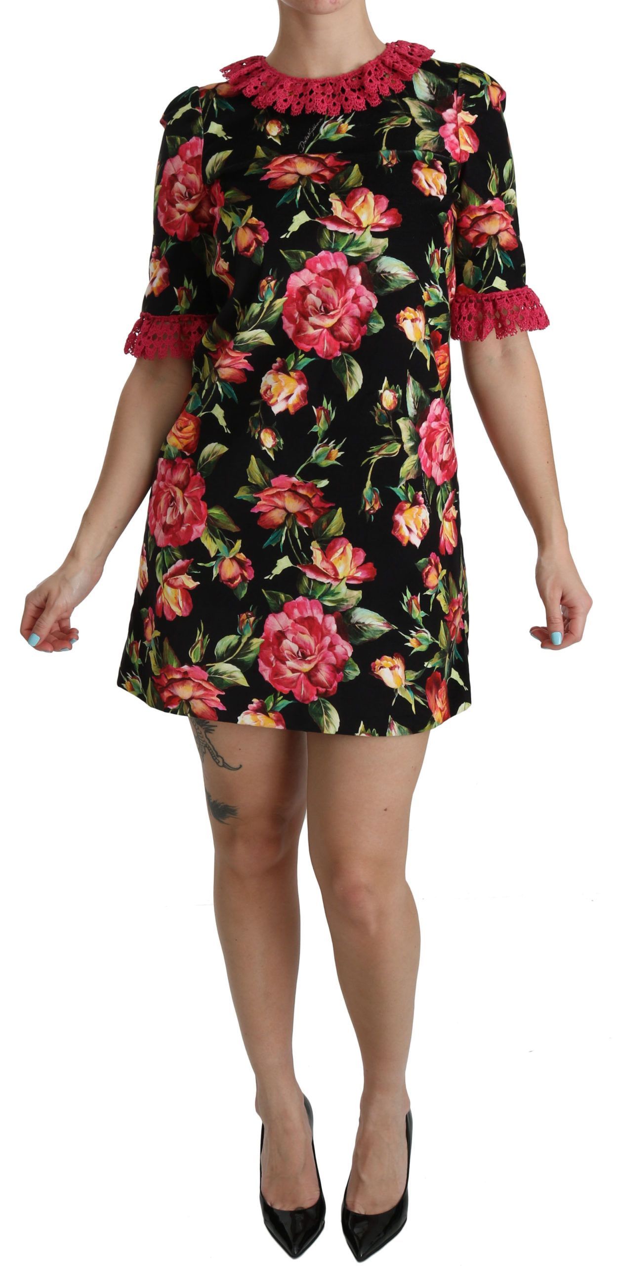 Floral Pink Lace A-Line Shift Mini Women's Dress - Dolce & Gabbana - Modalova