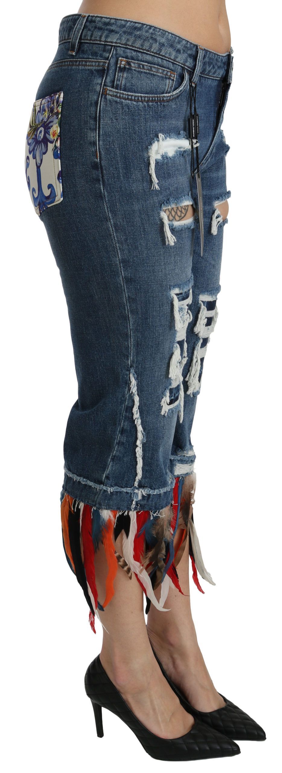 Feathers Low Waist Cropped Cotton Women's Jeans - Dolce & Gabbana - Modalova