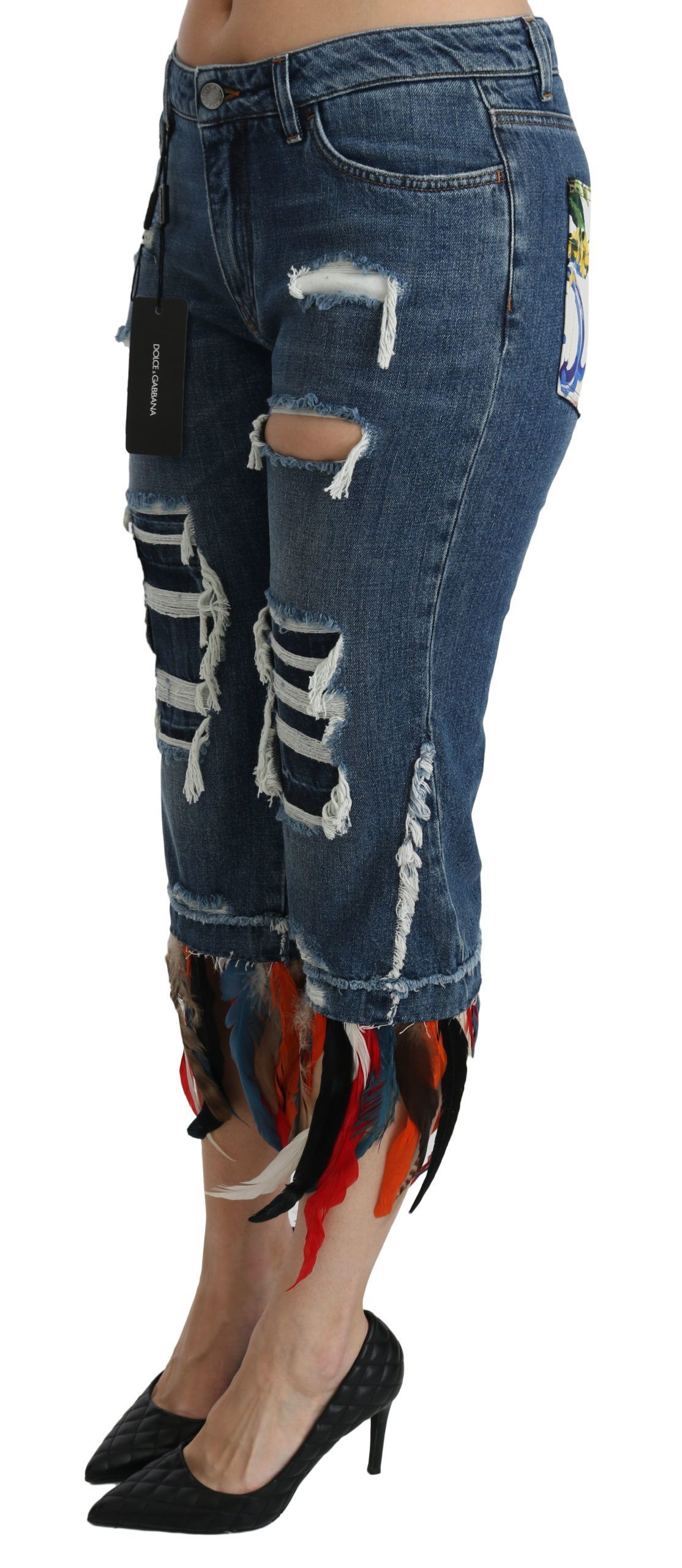 Feathers Low Waist Cropped Cotton Women's Jeans - Dolce & Gabbana - Modalova