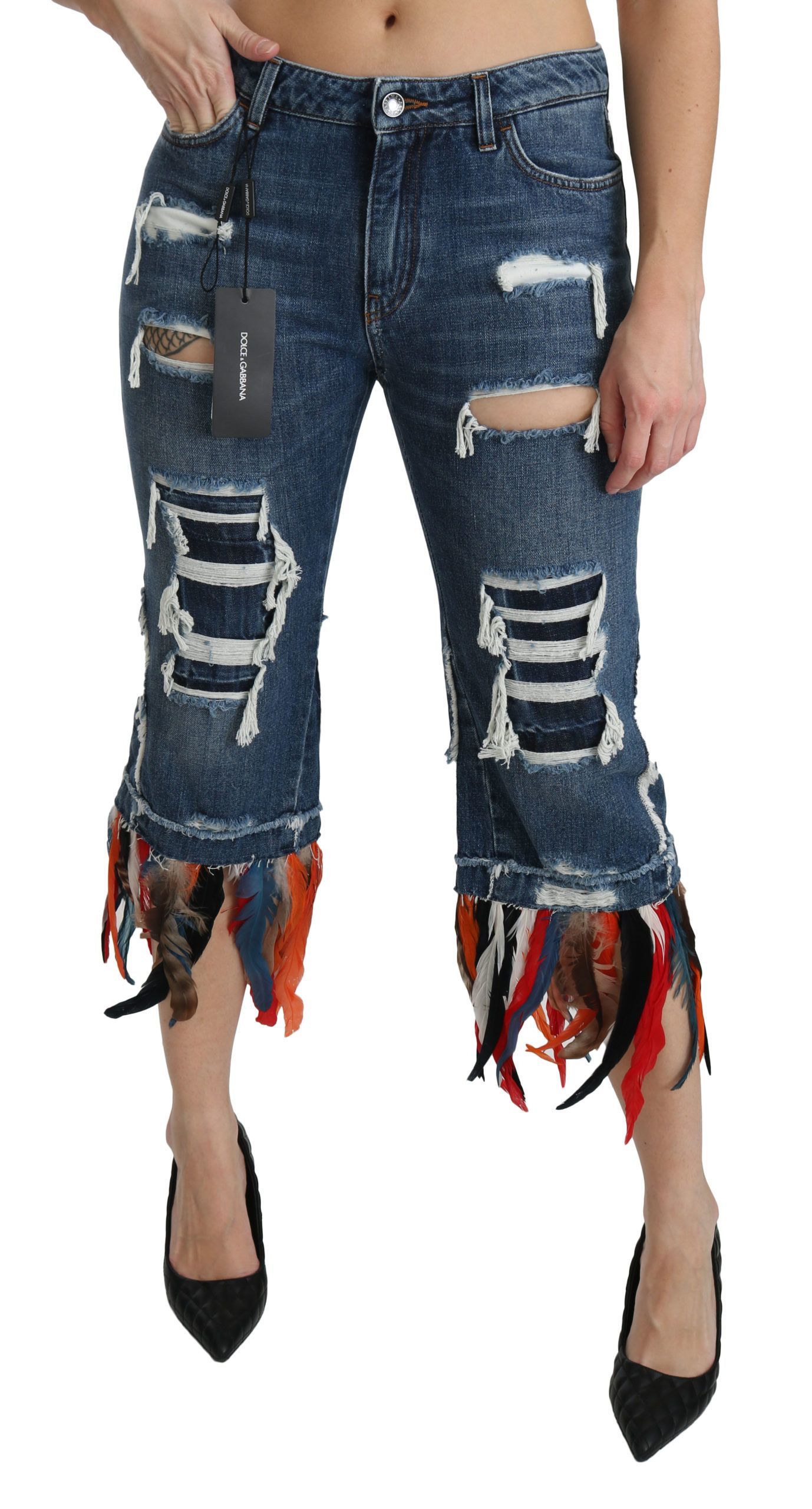 Feathers Low Waist Cropped Cotton Women's Jeans - Dolce & Gabbana - Modalova