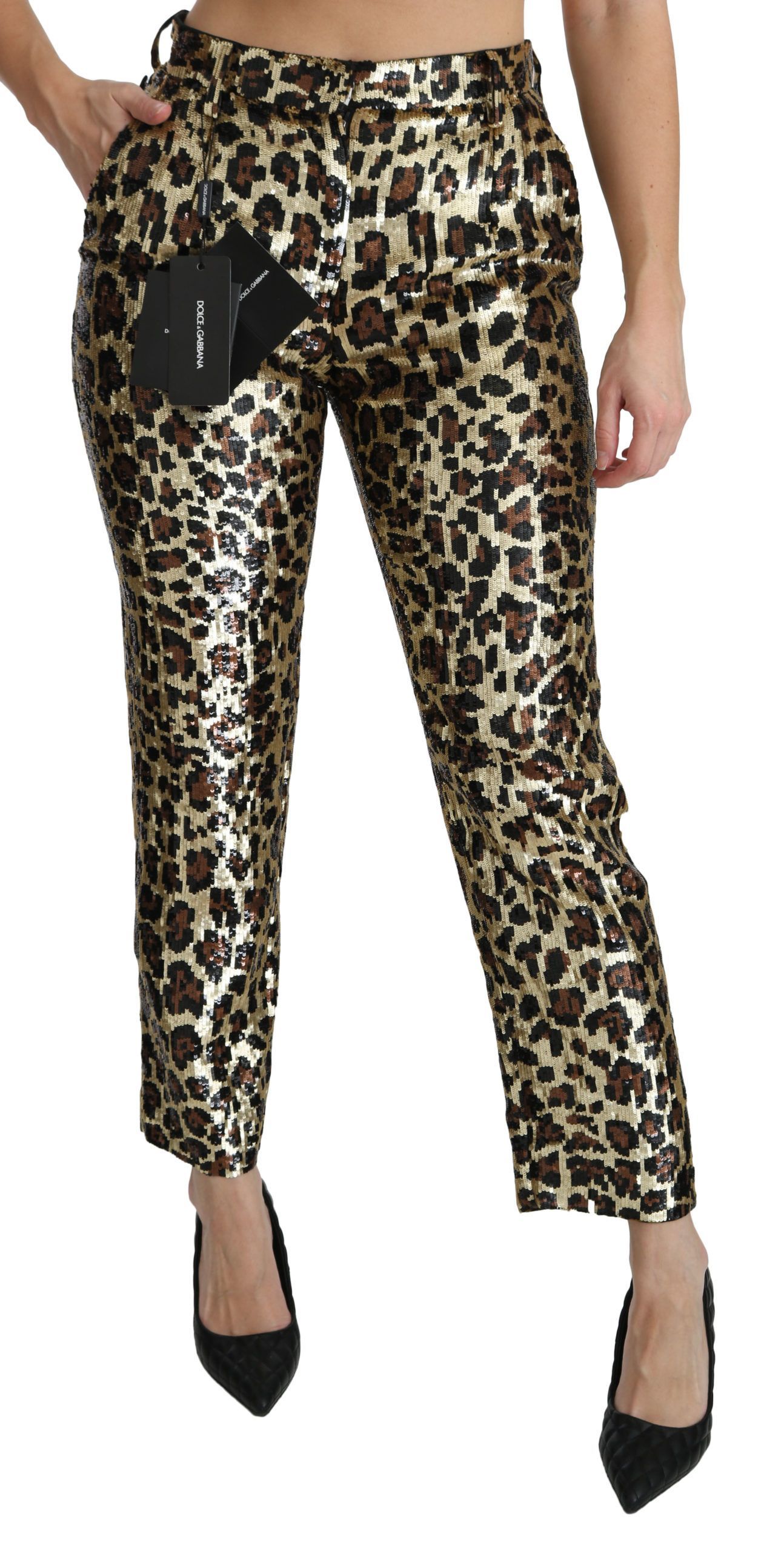 Brown Leopard Sequined High Waist Women's Pants - Dolce & Gabbana - Modalova