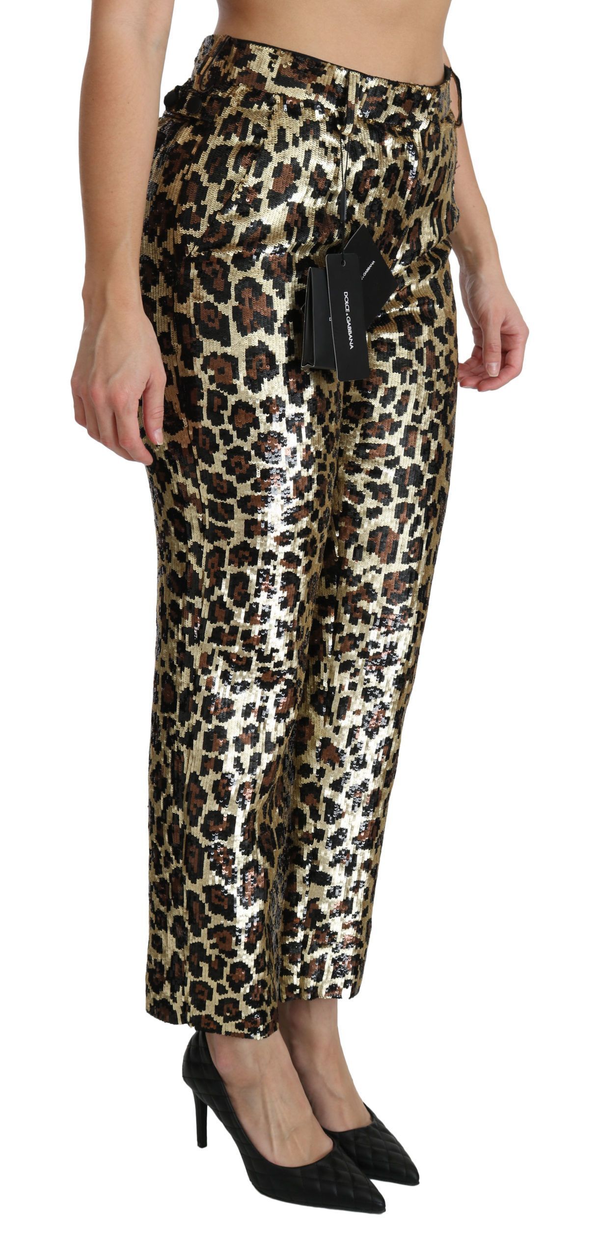 Brown Leopard Sequined High Waist Women's Pants - Dolce & Gabbana - Modalova