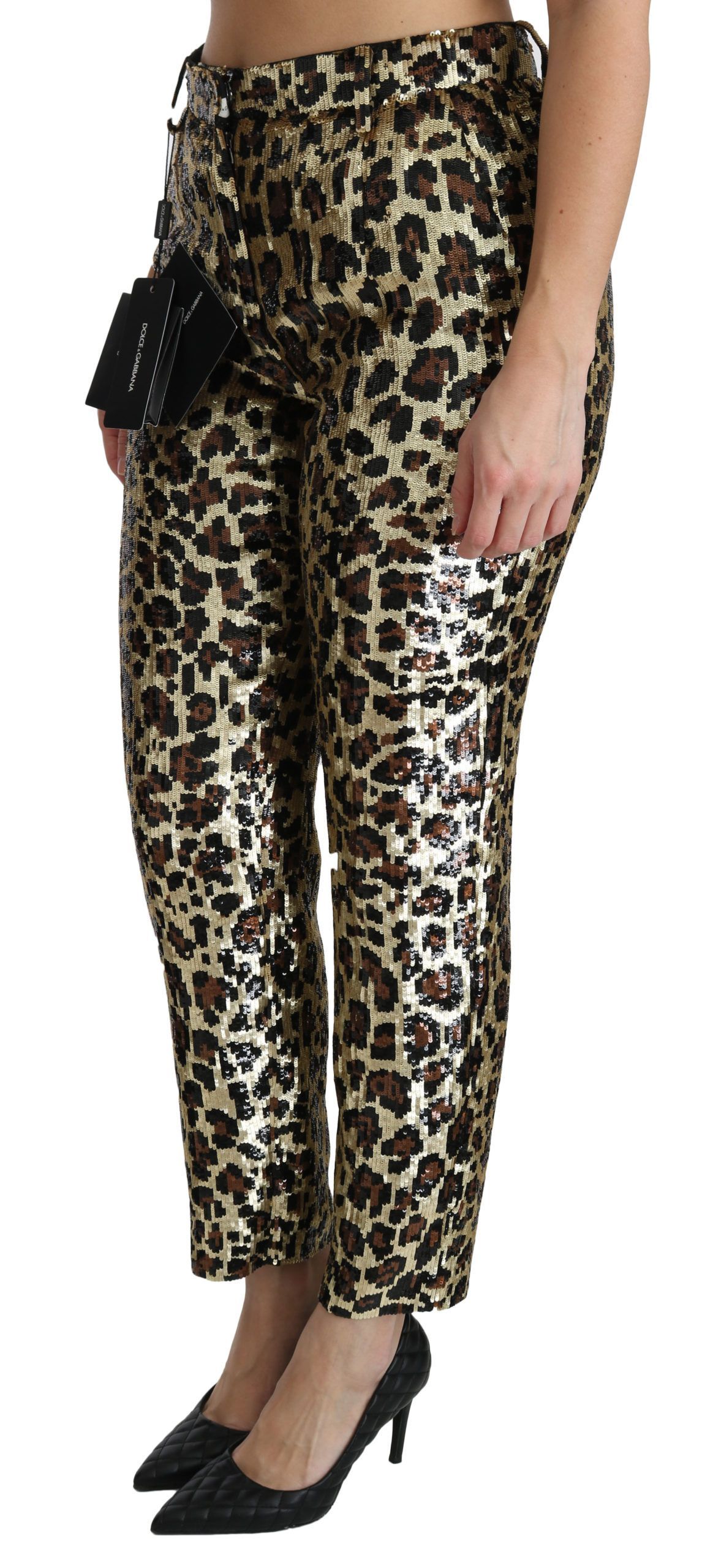 Brown Leopard Sequined High Waist Women's Pants - Dolce & Gabbana - Modalova