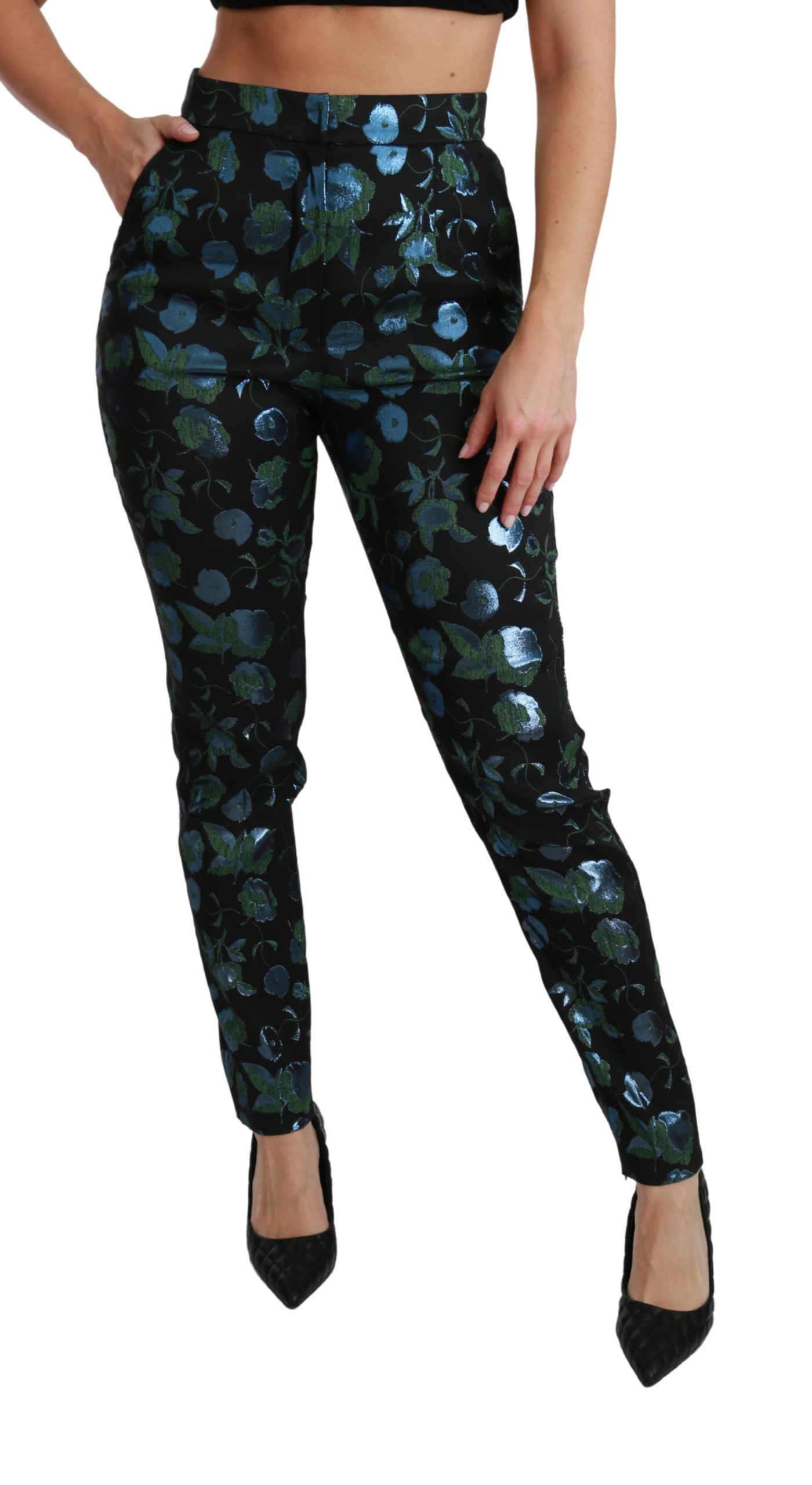 Blue Green Floral Metallic Slim Women's Pants - Dolce & Gabbana - Modalova