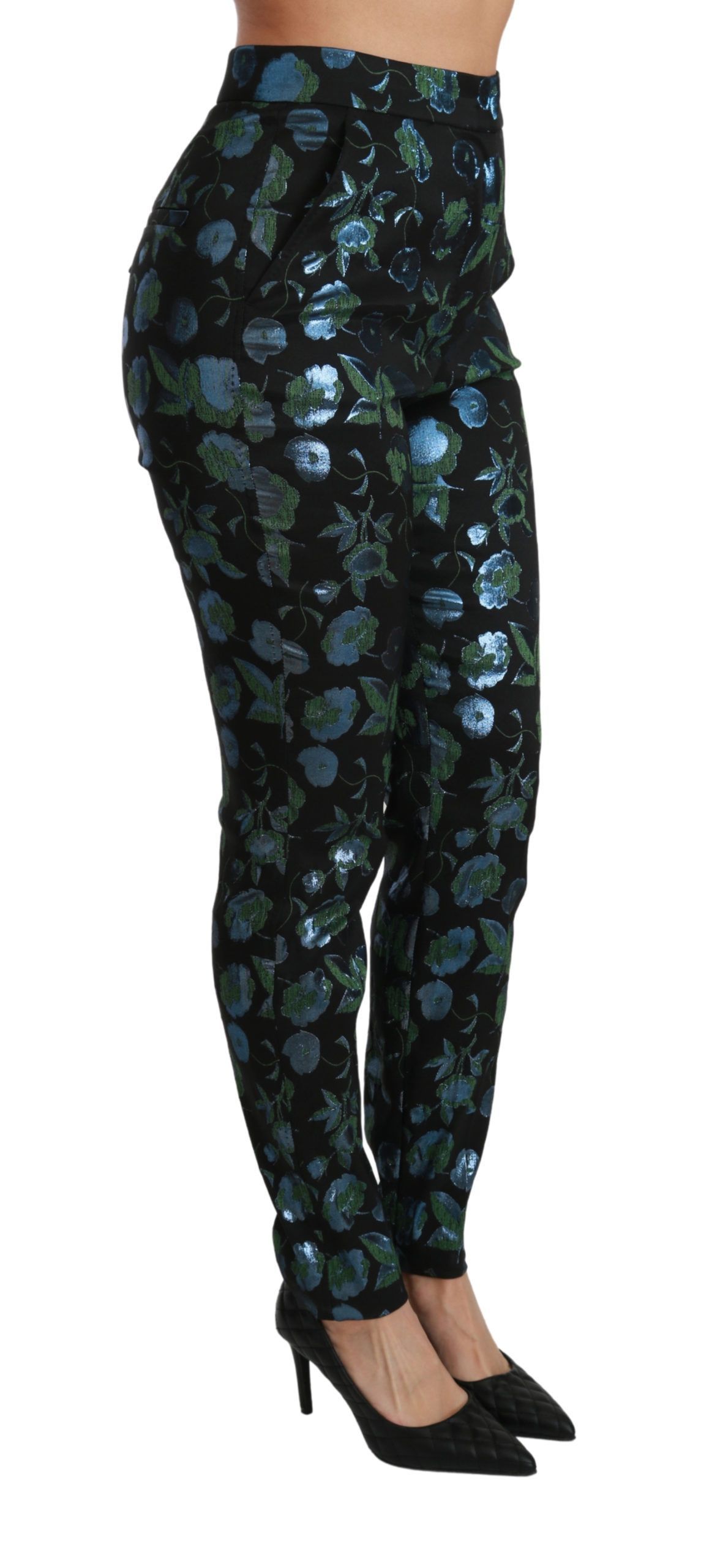 Blue Green Floral Metallic Slim Women's Pants - Dolce & Gabbana - Modalova