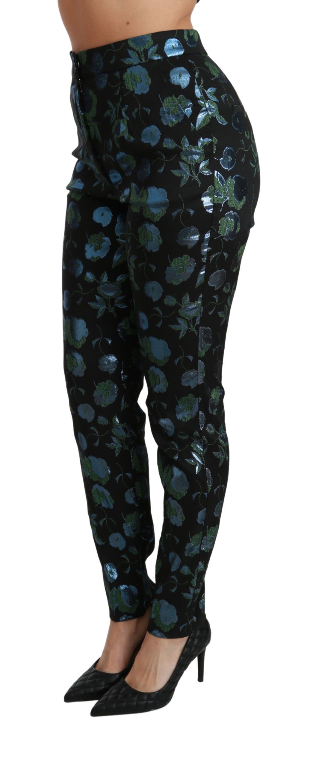 Blue Green Floral Metallic Slim Women's Pants - Dolce & Gabbana - Modalova