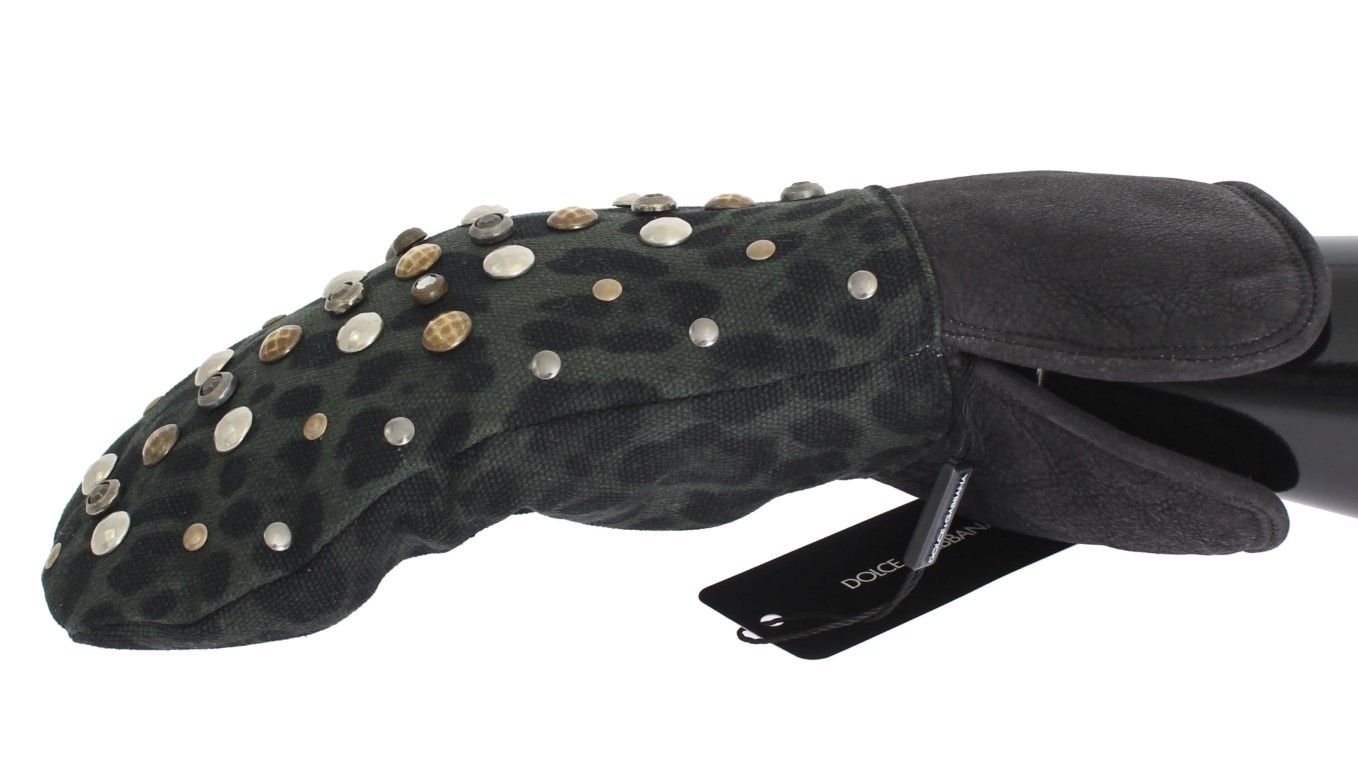 Wool Shearling Studded Green Leopard Men's Gloves - Dolce & Gabbana - Modalova