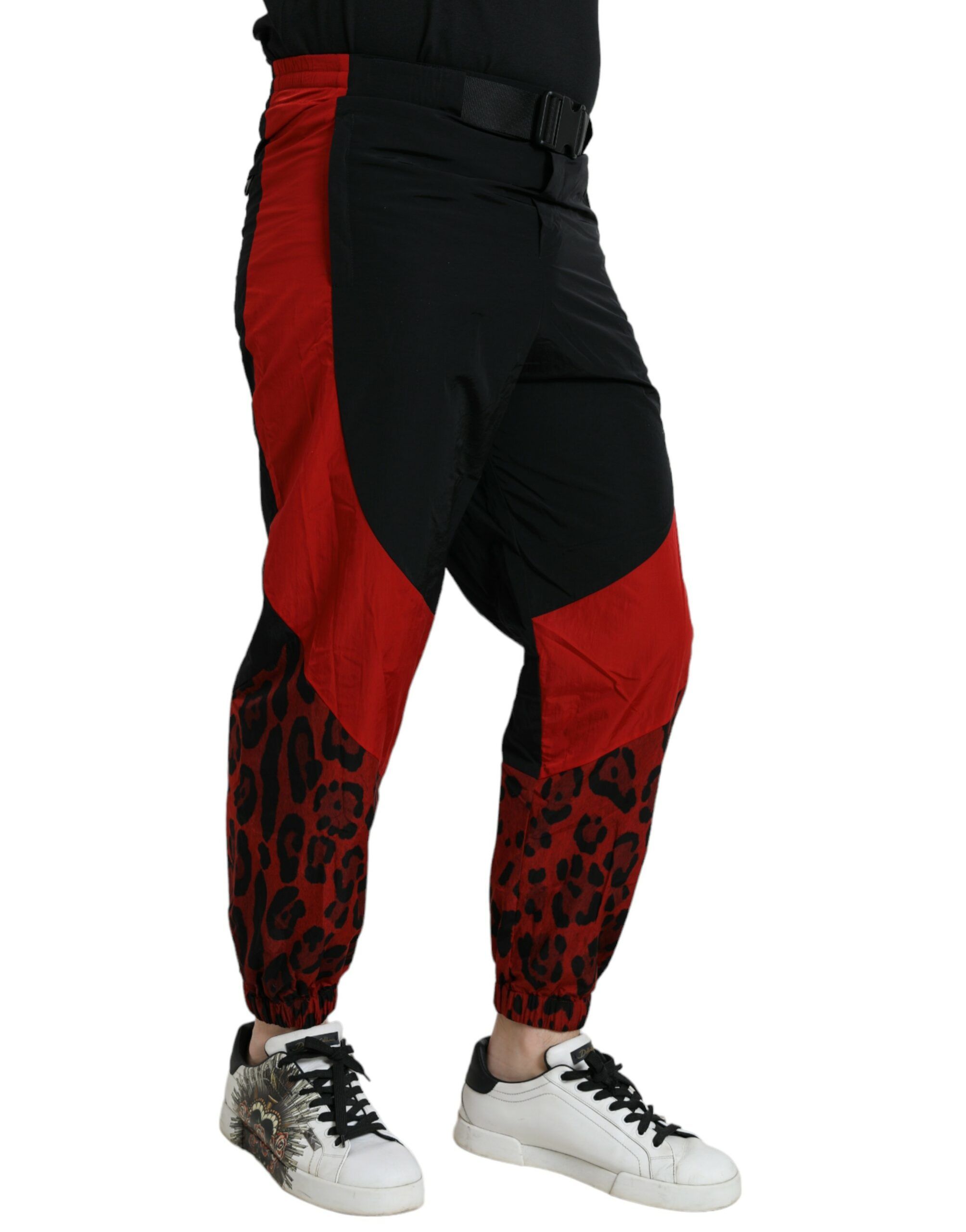 Black Red Leopard Print Nylon Jogger Men's Pants - Dolce & Gabbana - Modalova