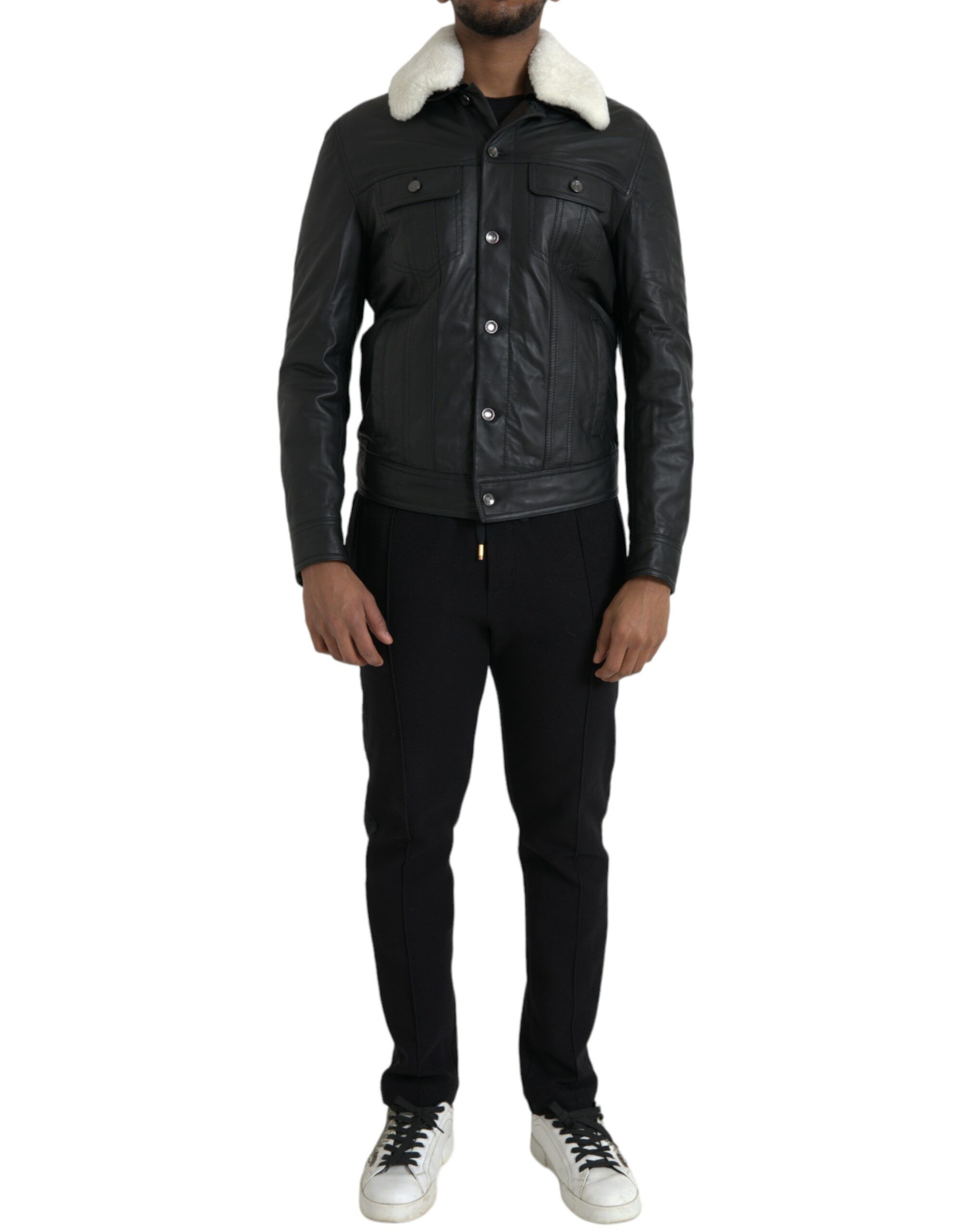 Leather Fur Collar Biker Coat Men's Jacket - Dolce & Gabbana - Modalova
