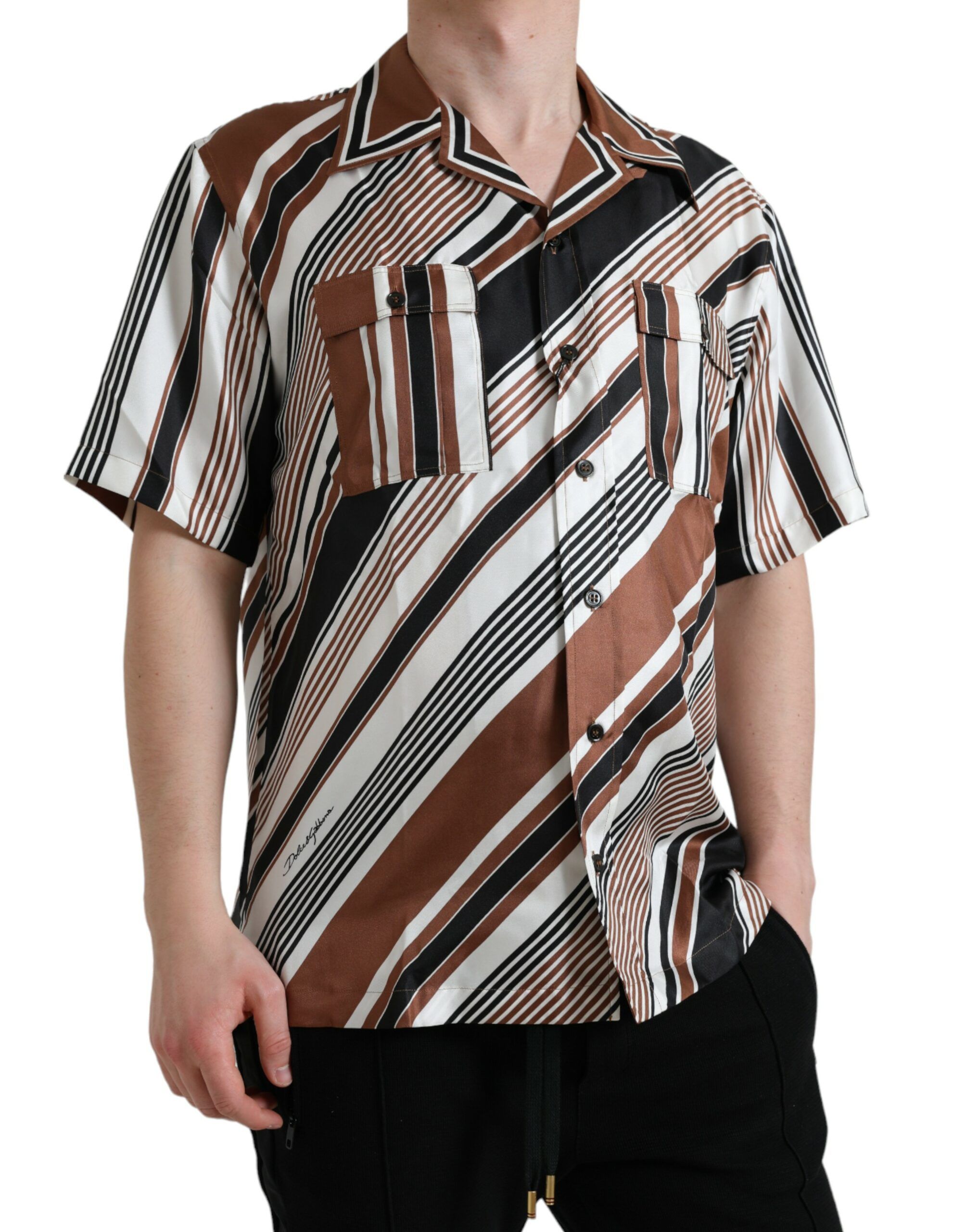 Brown White Silk Striped Short Sleeve Men's Shirt - Dolce & Gabbana - Modalova