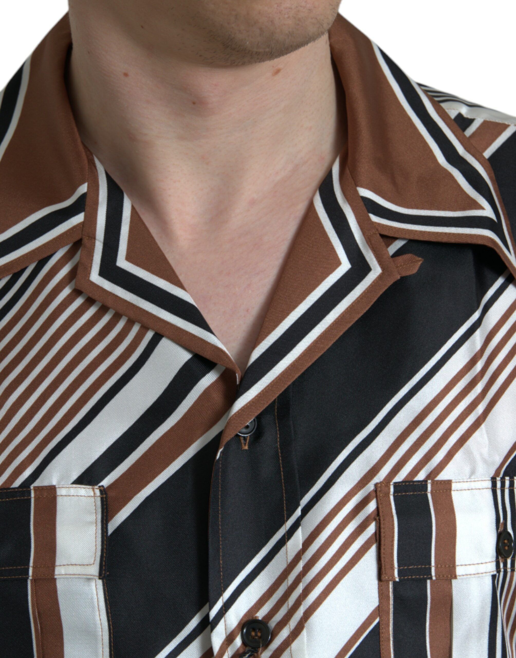Brown White Silk Striped Short Sleeve Men's Shirt - Dolce & Gabbana - Modalova