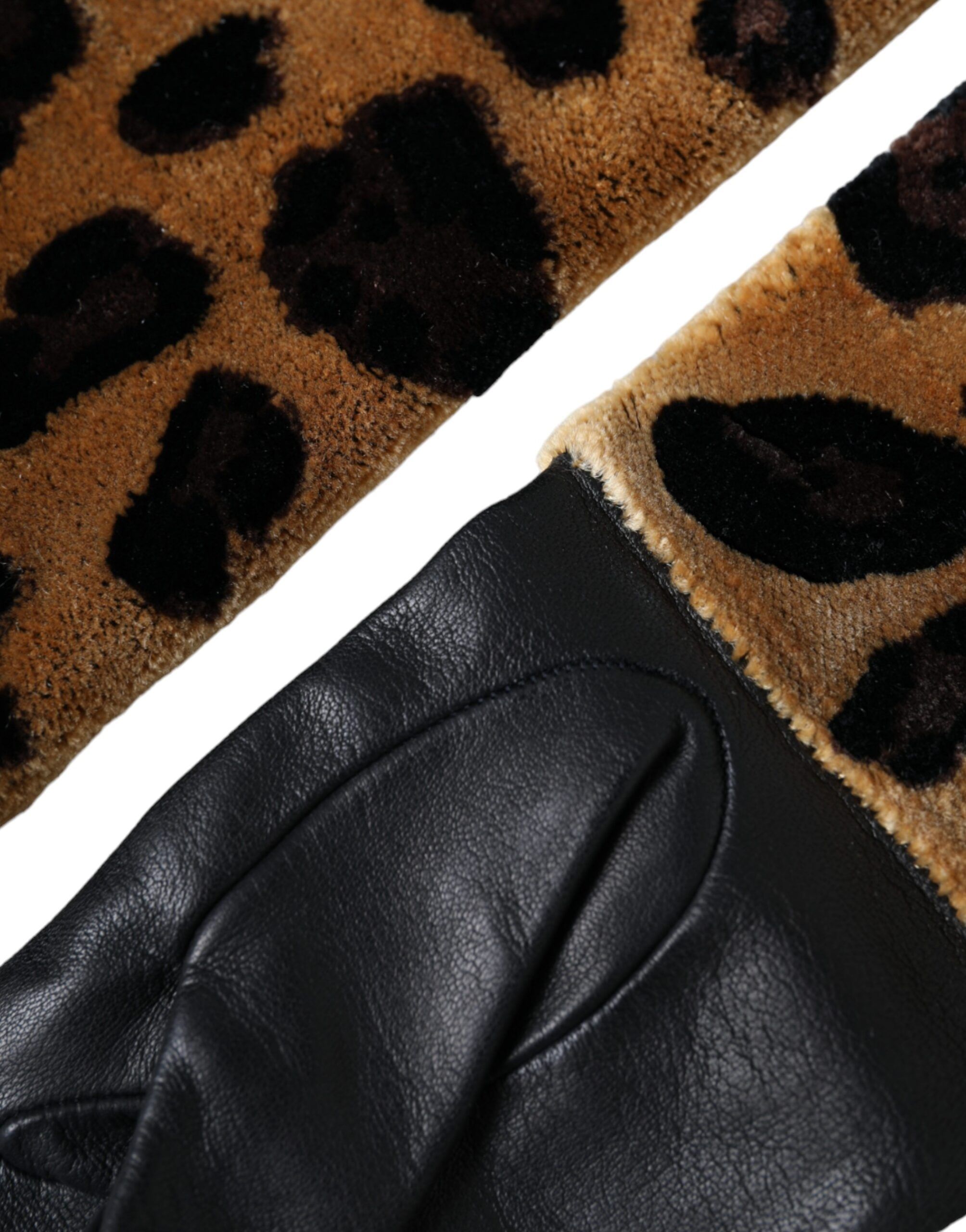 Brown Black Leopard Leather Elbow Length Women's Gloves - Dolce & Gabbana - Modalova