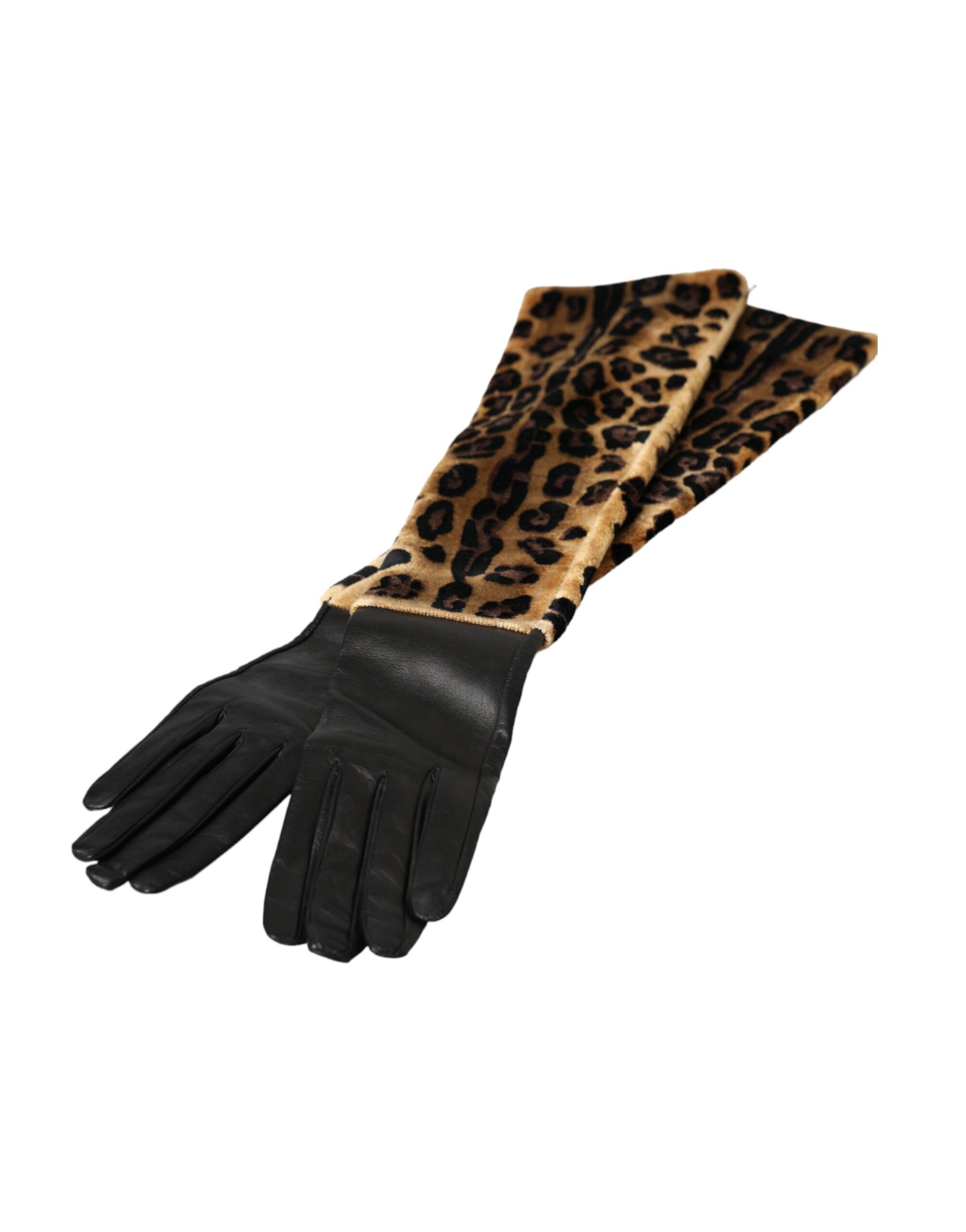 Brown Black Leopard Leather Elbow Length Women's Gloves - Dolce & Gabbana - Modalova