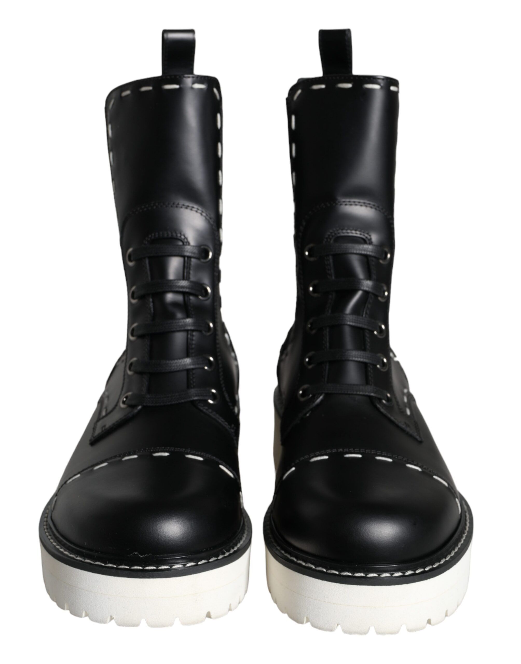 Black Leather Combat Mid Calf Boots Women's Shoes - Dolce & Gabbana - Modalova