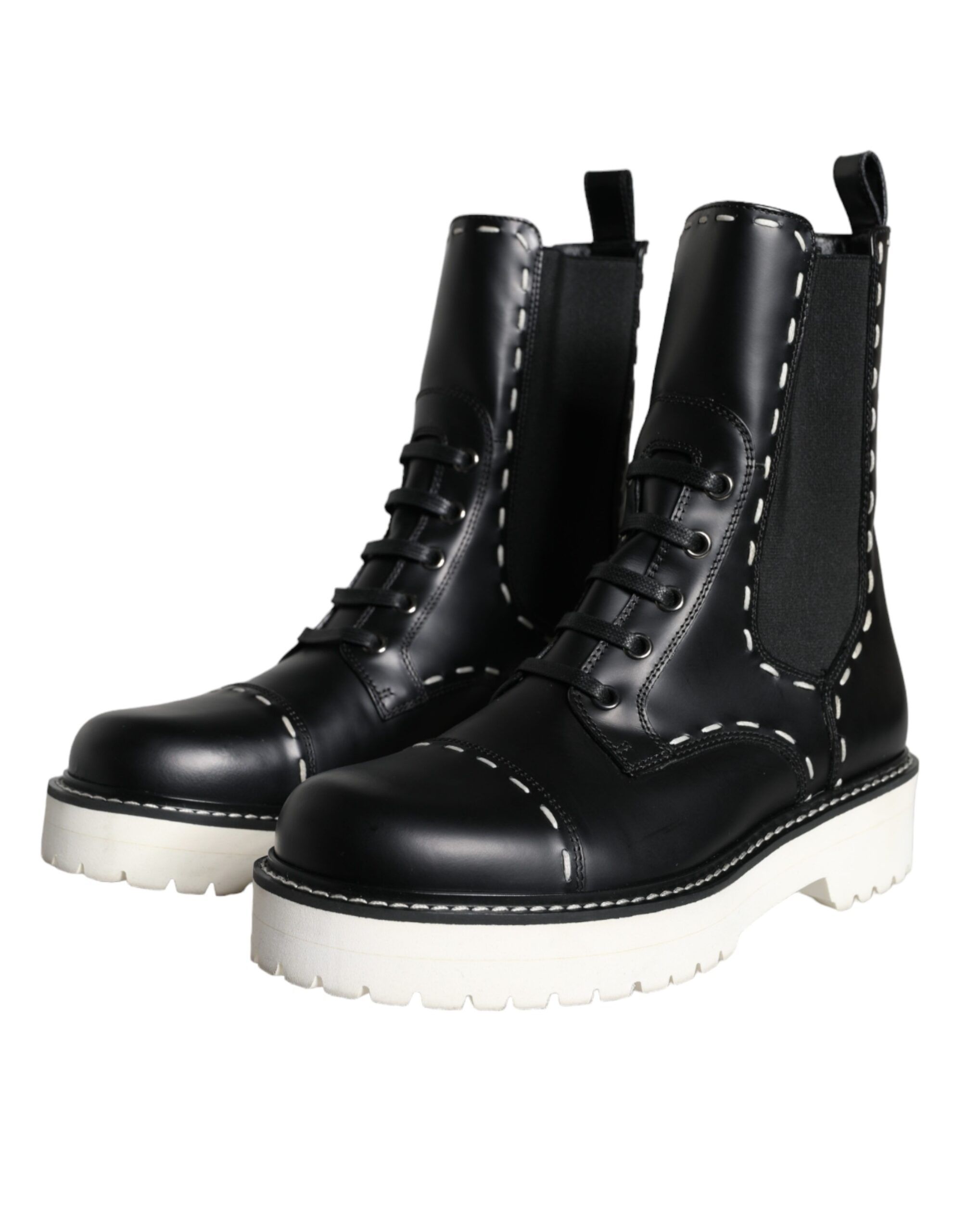 Black Leather Combat Mid Calf Boots Women's Shoes - Dolce & Gabbana - Modalova