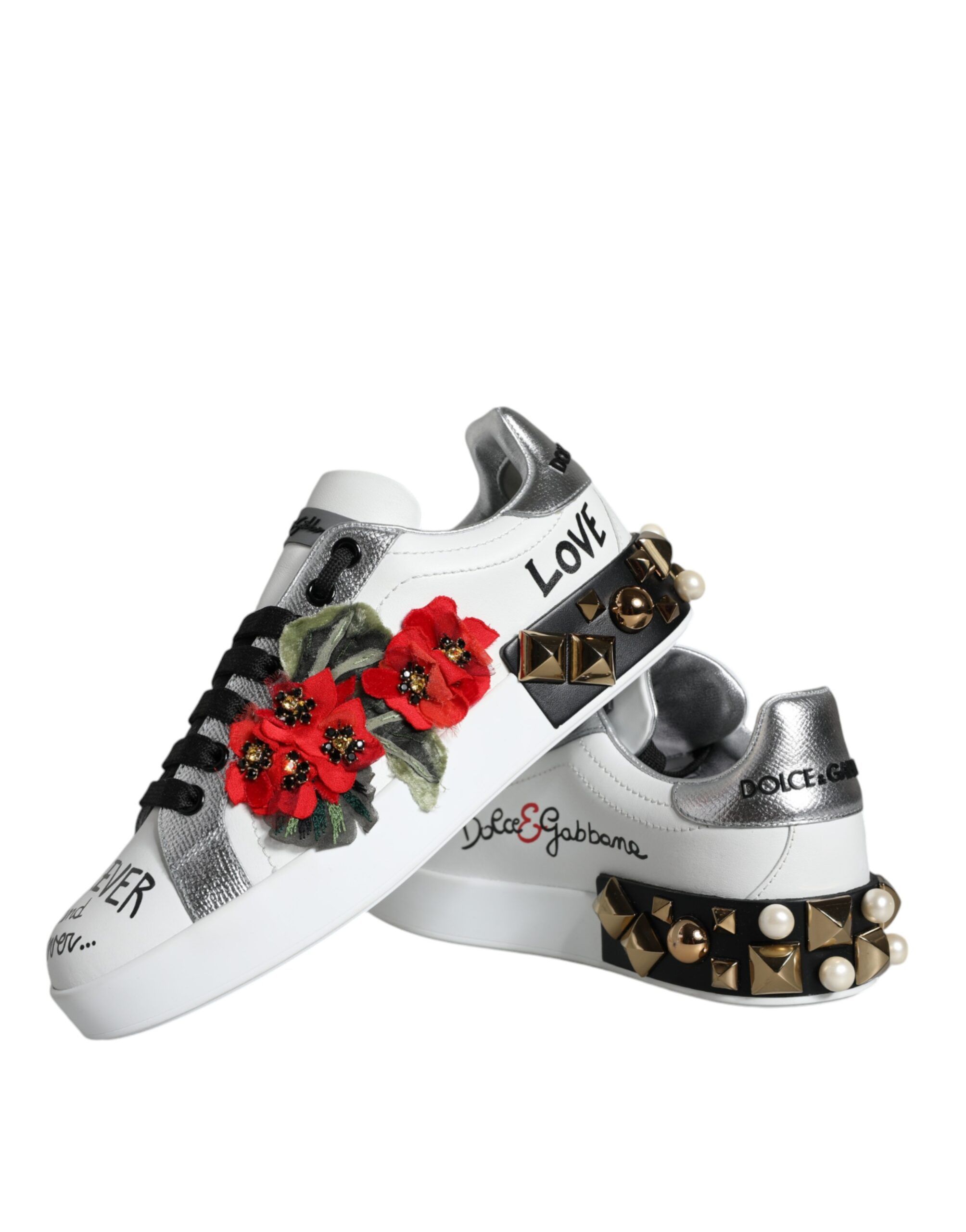 Leather Floral Studded Sneakers Women's Shoes - Dolce & Gabbana - Modalova