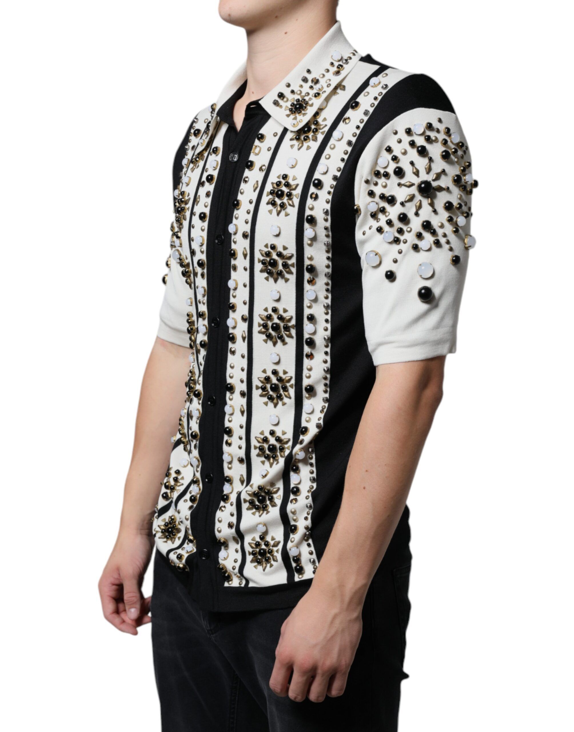 White Black Silk Studded Stone Crystal Men's Shirt - Dolce & Gabbana - Modalova