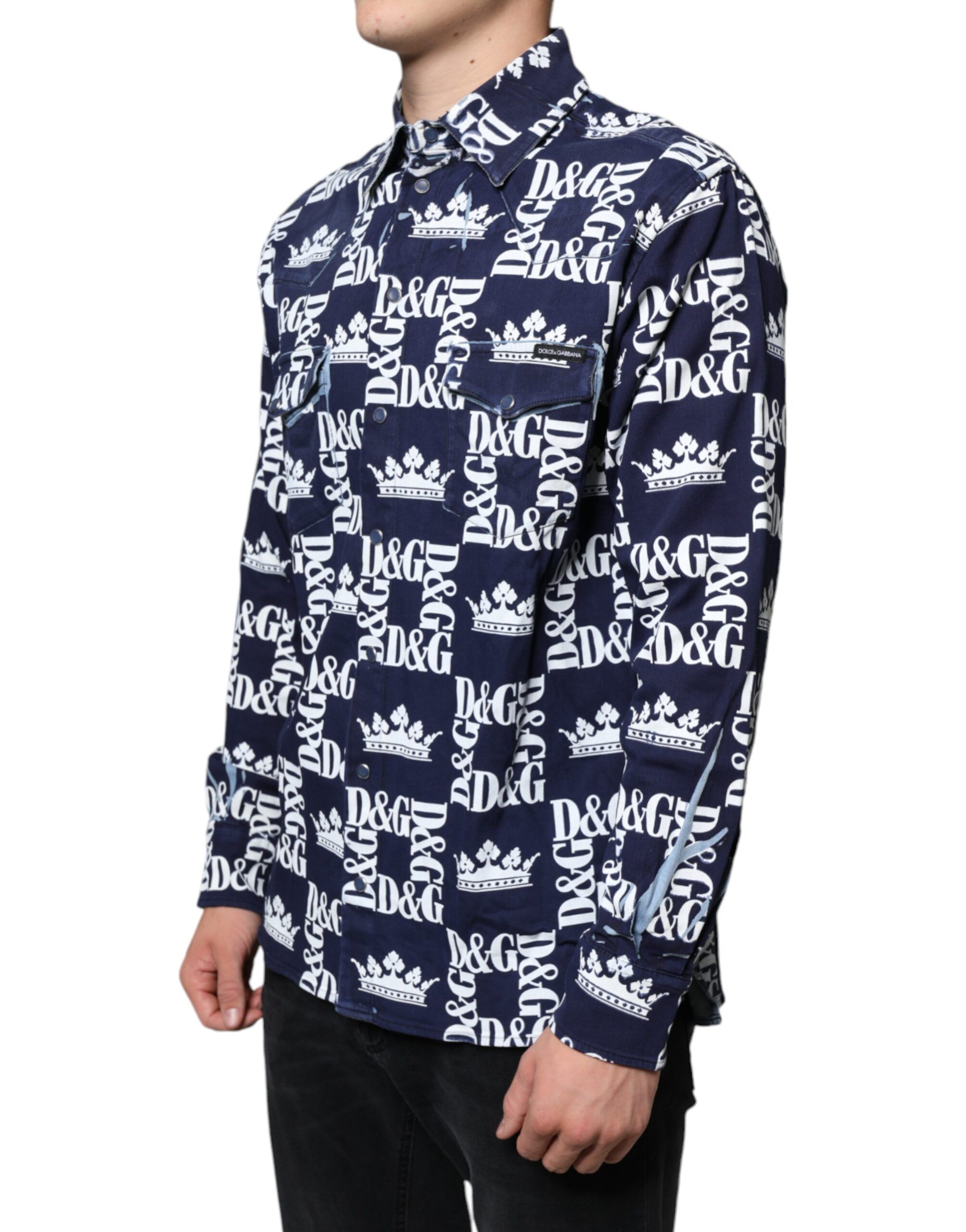 Blue Crown Logo Print Slim Fit Cotton Men's Shirt - Dolce & Gabbana - Modalova