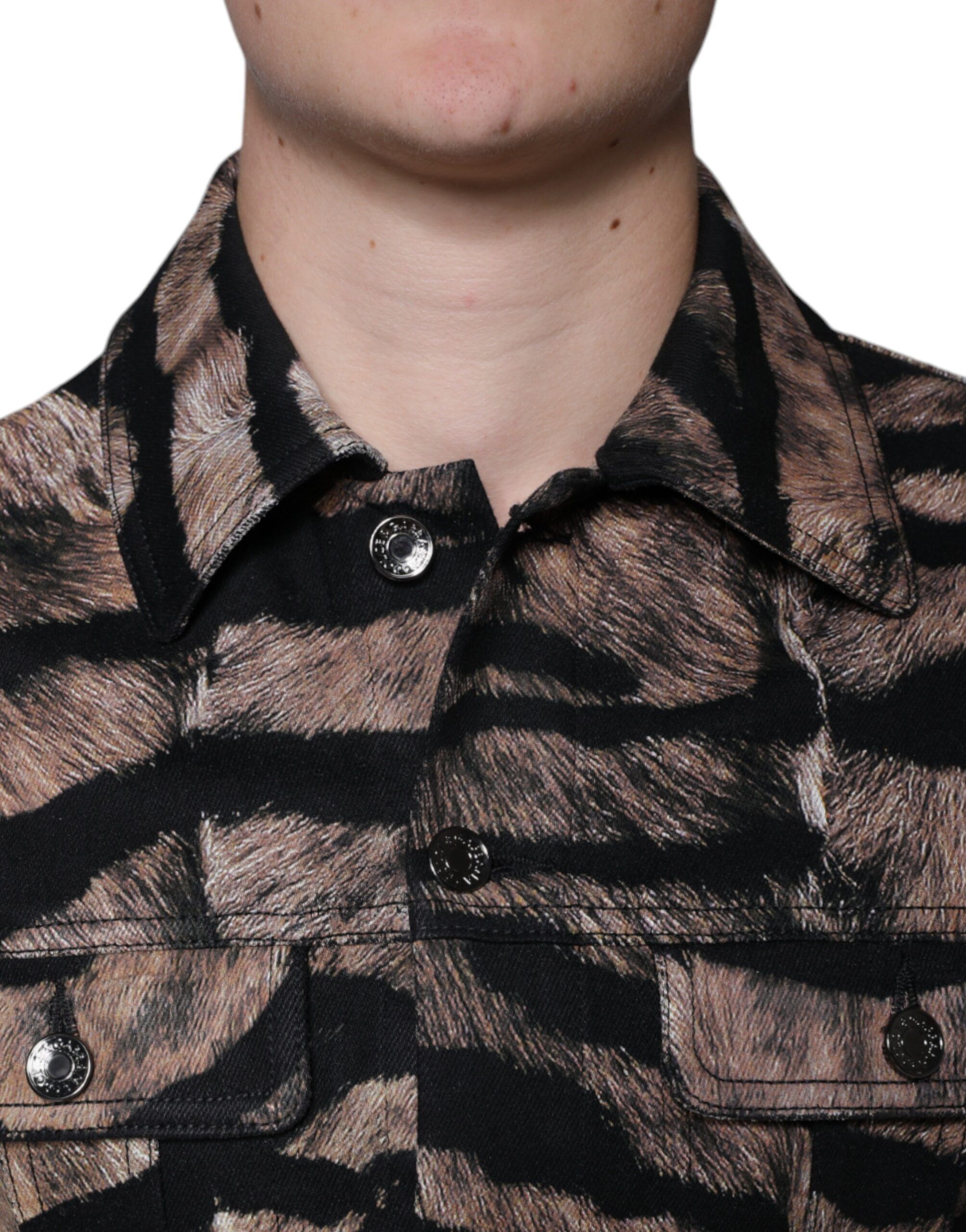 Brown Tiger Button Down Collared Men's Jacket - Dolce & Gabbana - Modalova