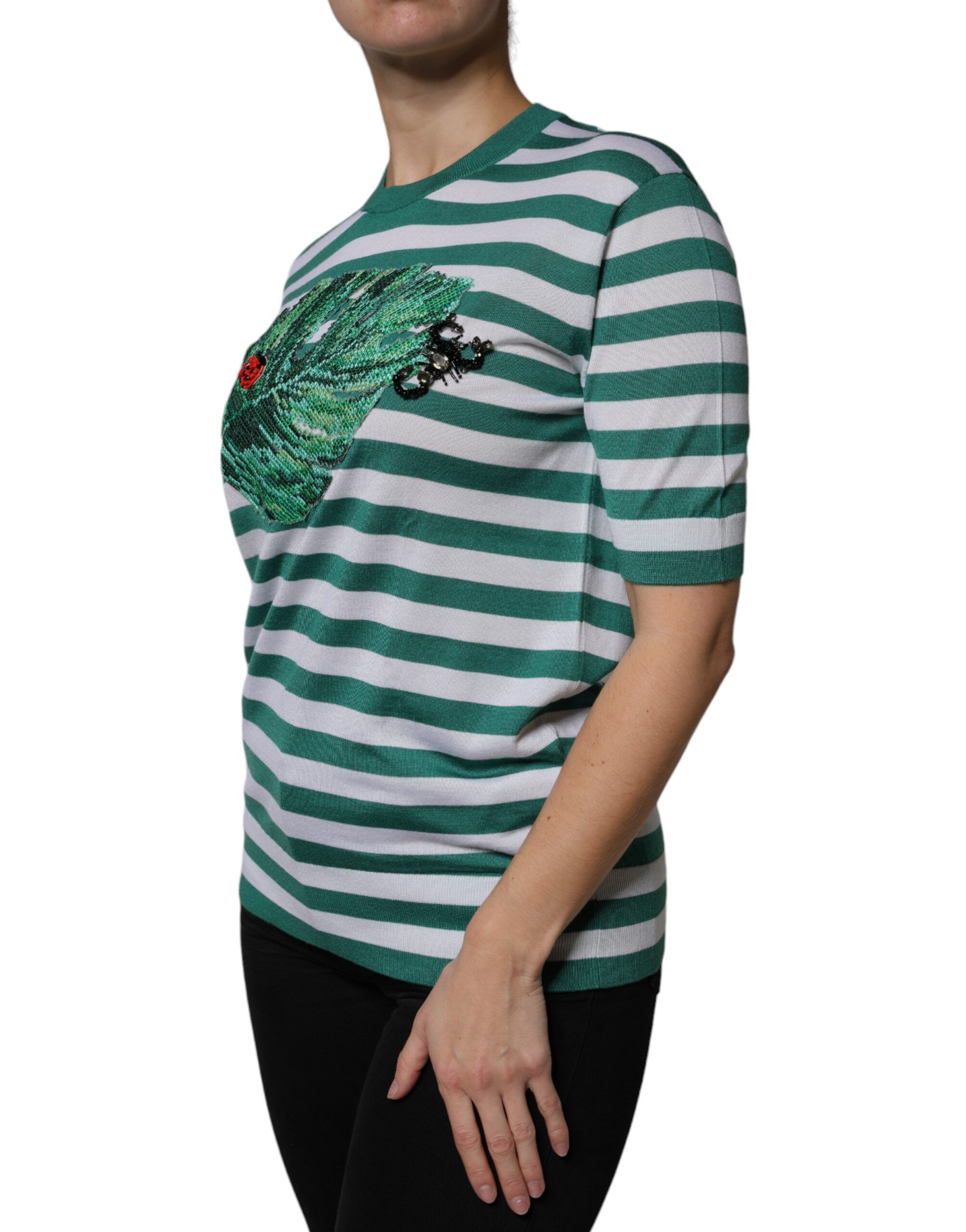 Green Stripe Leaf Crew Neck Women's T-shirt - Dolce & Gabbana - Modalova