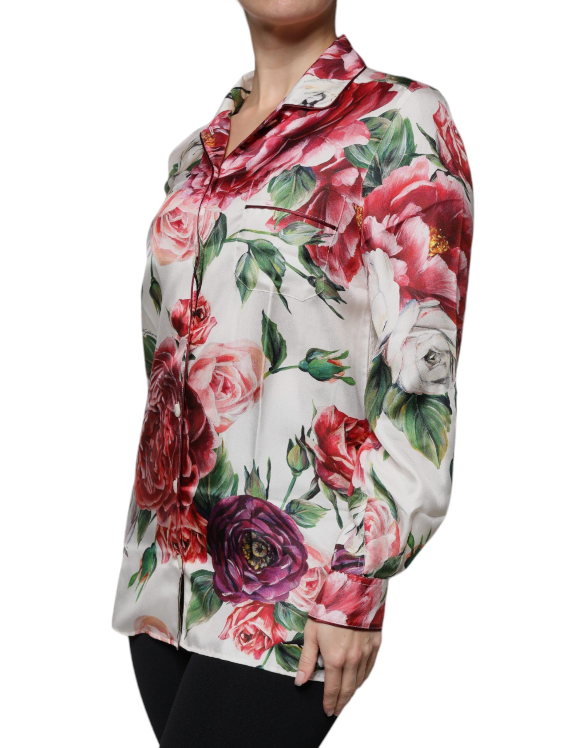 Peony Silk Long Sleeves Collared Blouse Women's Top - Dolce & Gabbana - Modalova