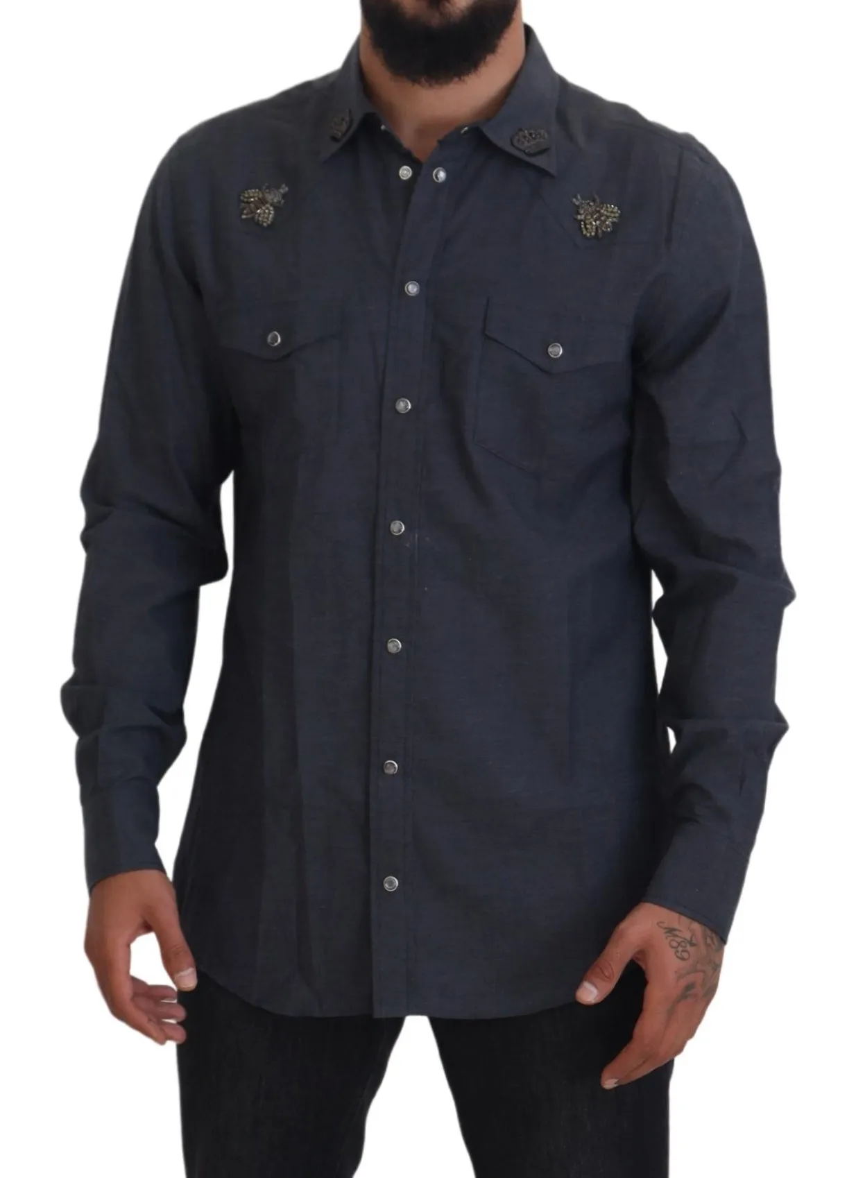 Cotton Denim Crystal Bee Men's Shirt - Dolce & Gabbana - Modalova
