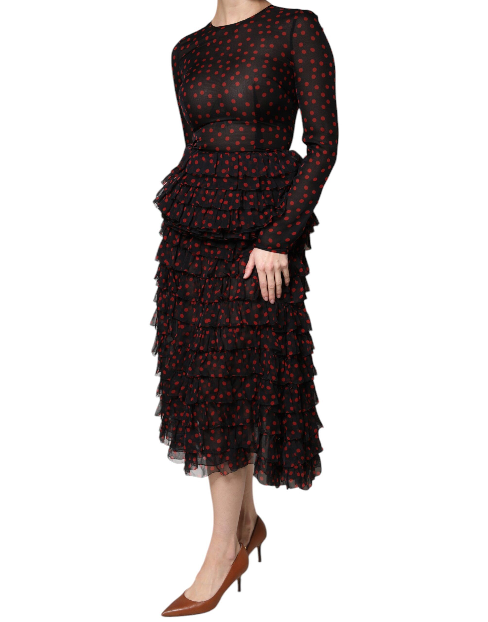 Black Red Polka Dot Silk Layered Midi Women's Dress - Dolce & Gabbana - Modalova